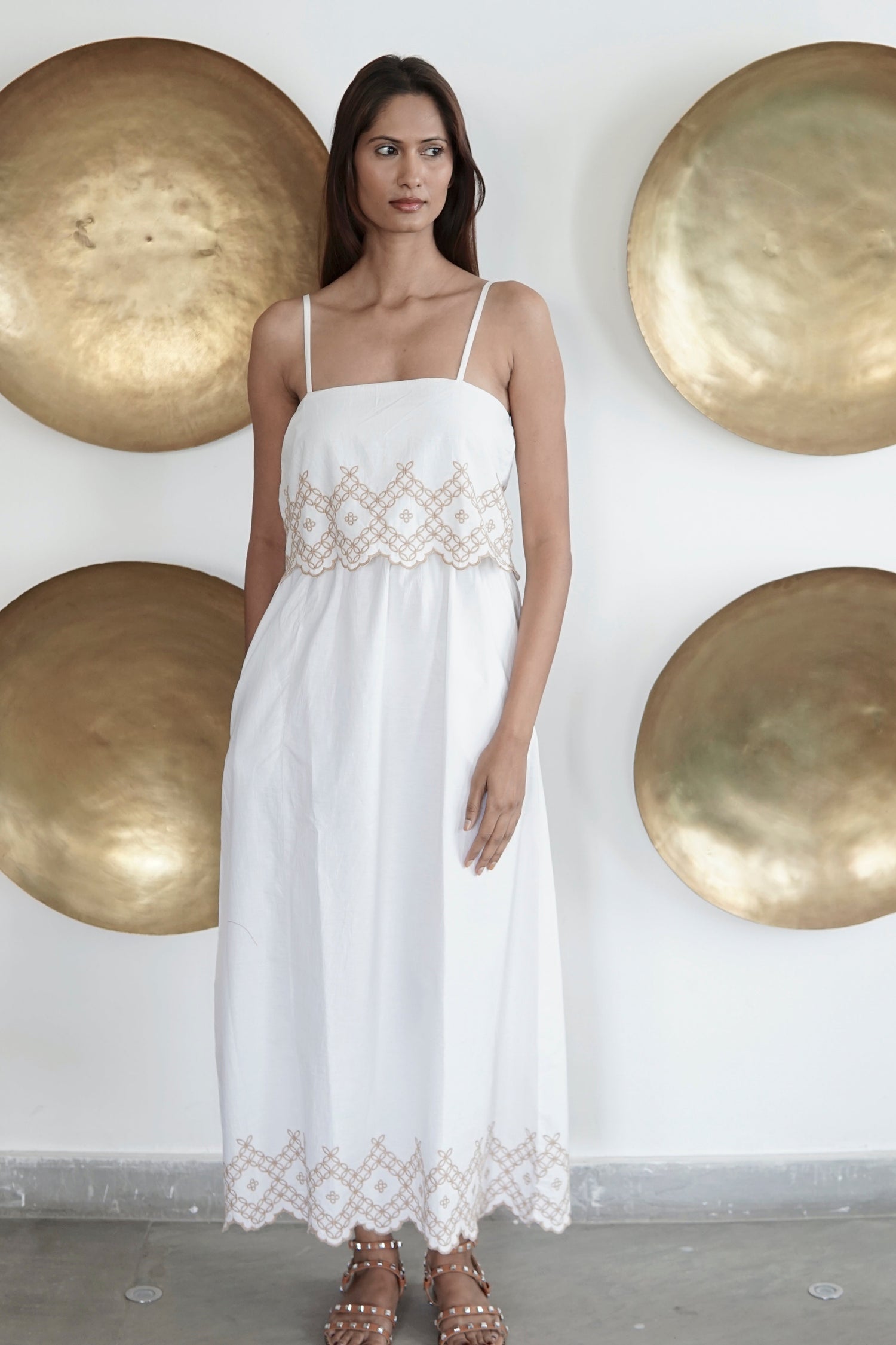 White embroidered Summer maxi dress with pockets Elena