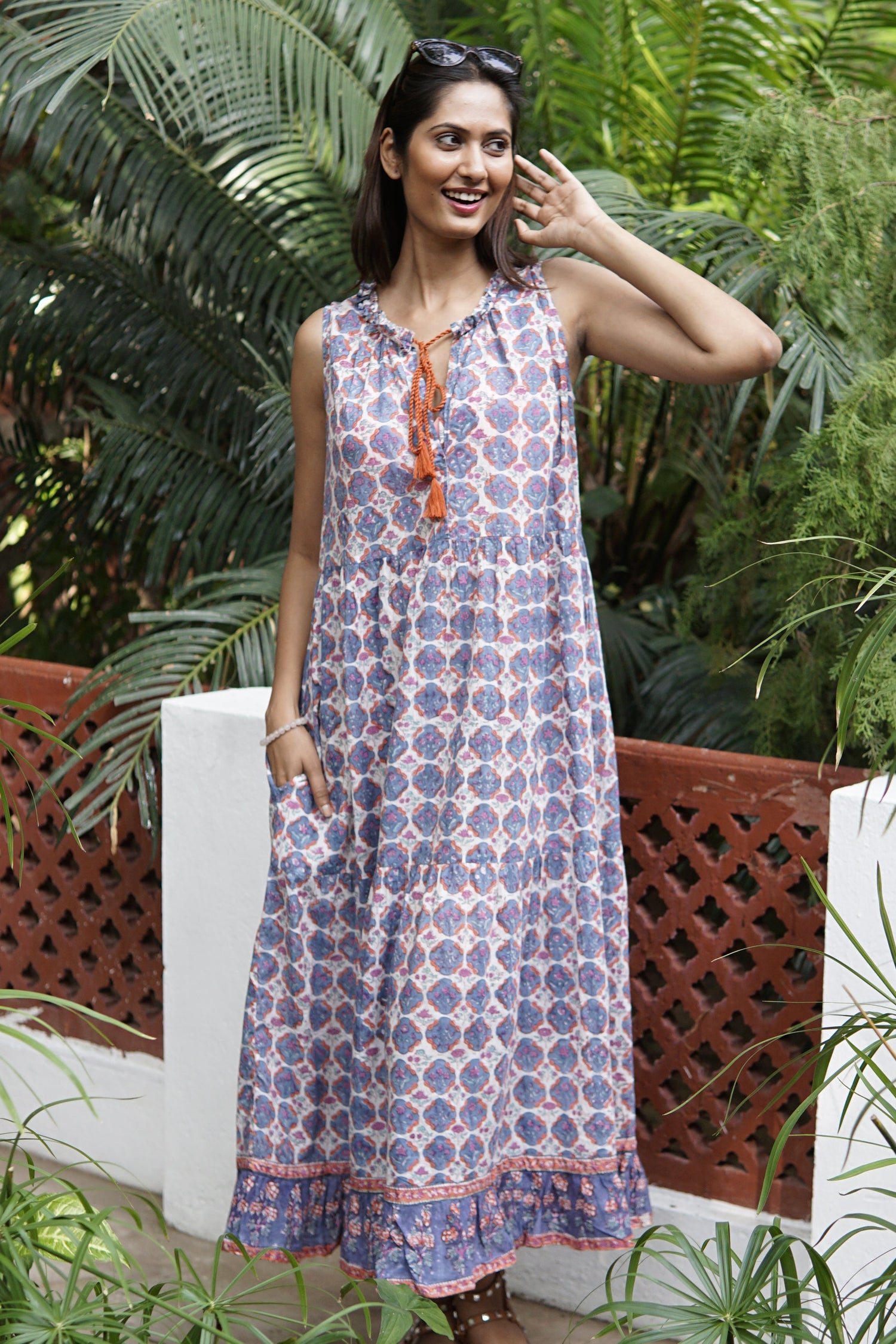 Beach dress, summer maxi dress with pockets, boho printed maxi dress, blue and coral cotton print summer dress.