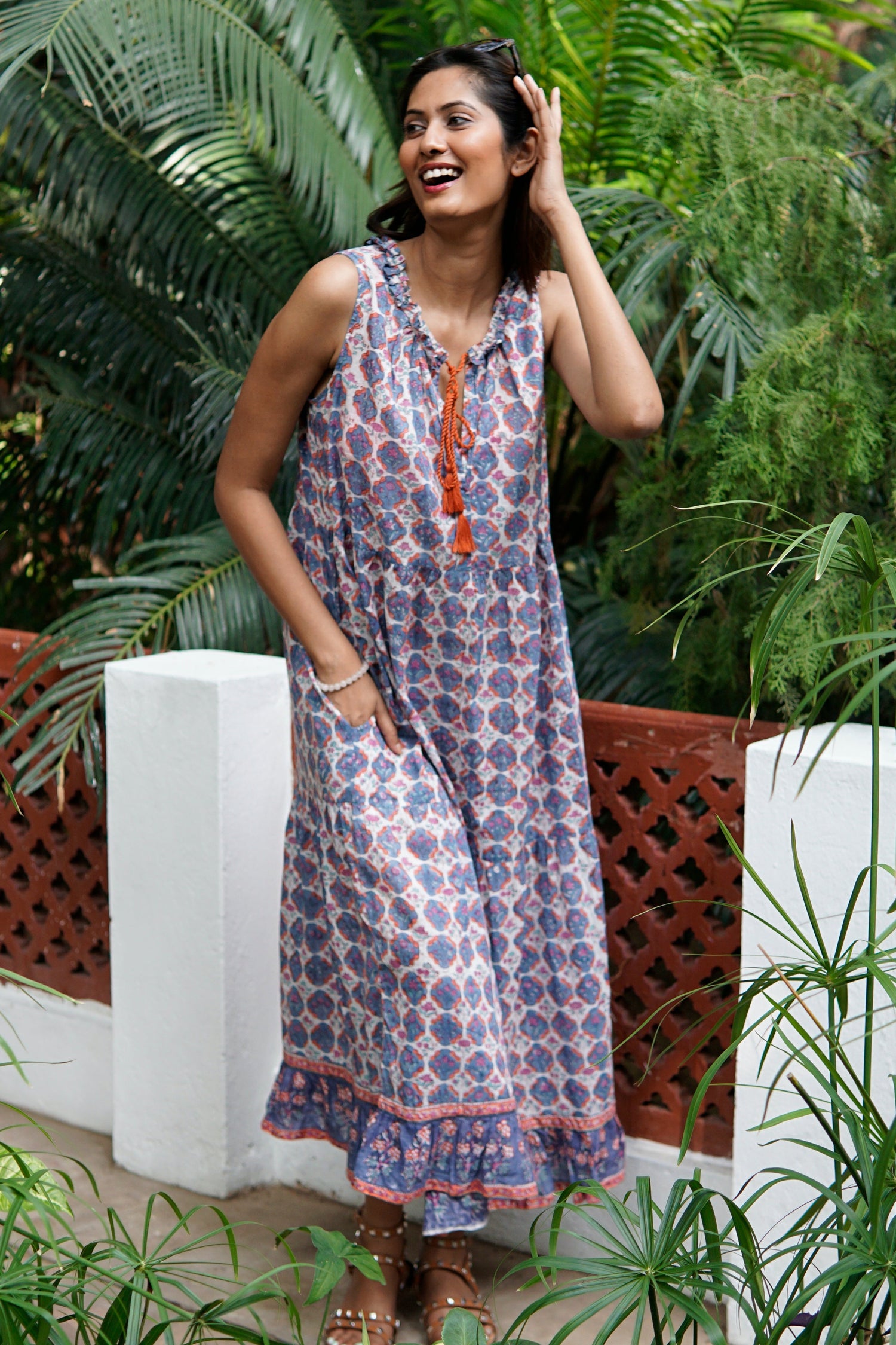Beach dress, summer maxi dress with pockets, boho printed maxi dress, blue and coral cotton print summer dress.