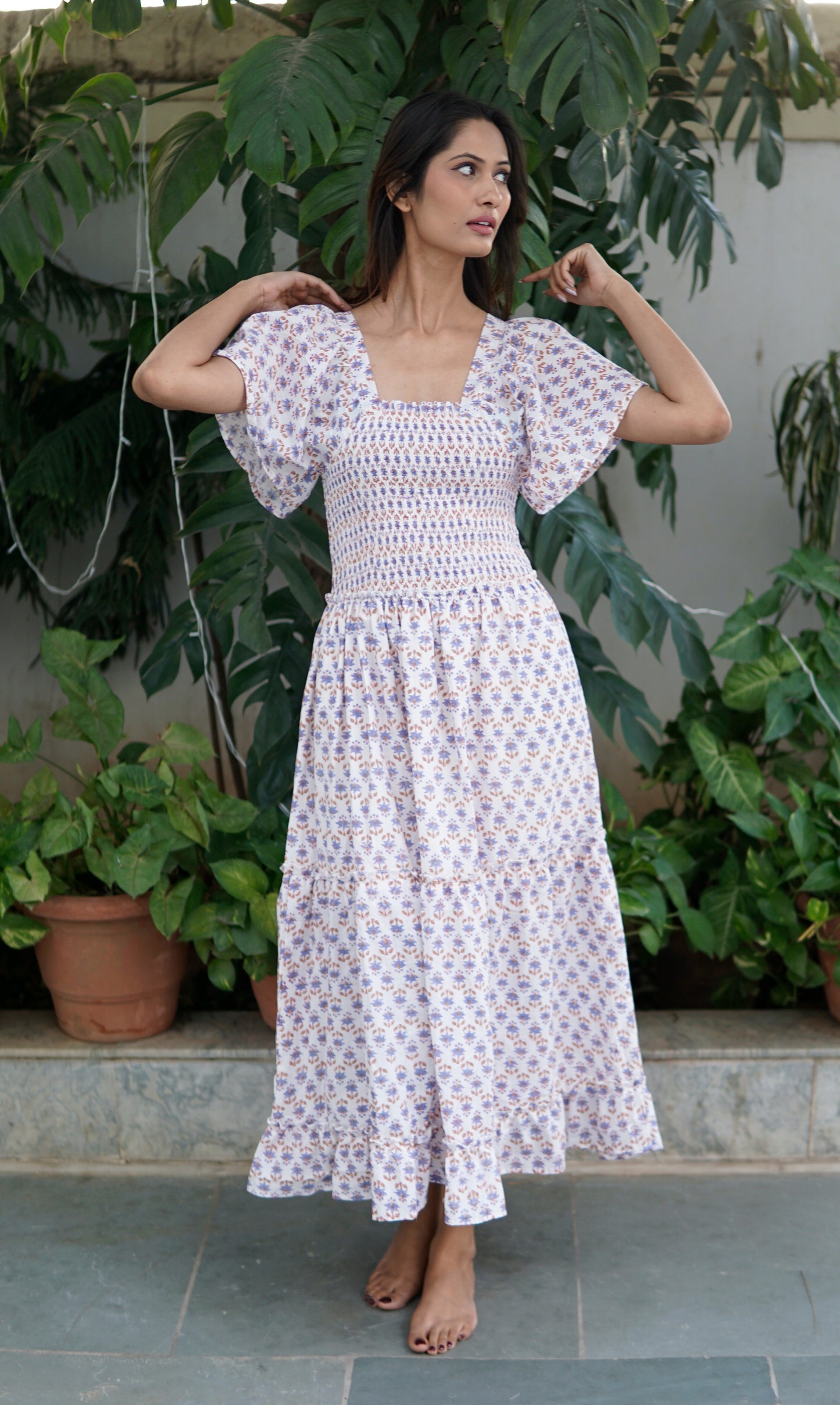 summer midi dress, boho printed maxi dress, pink and white cotton print.