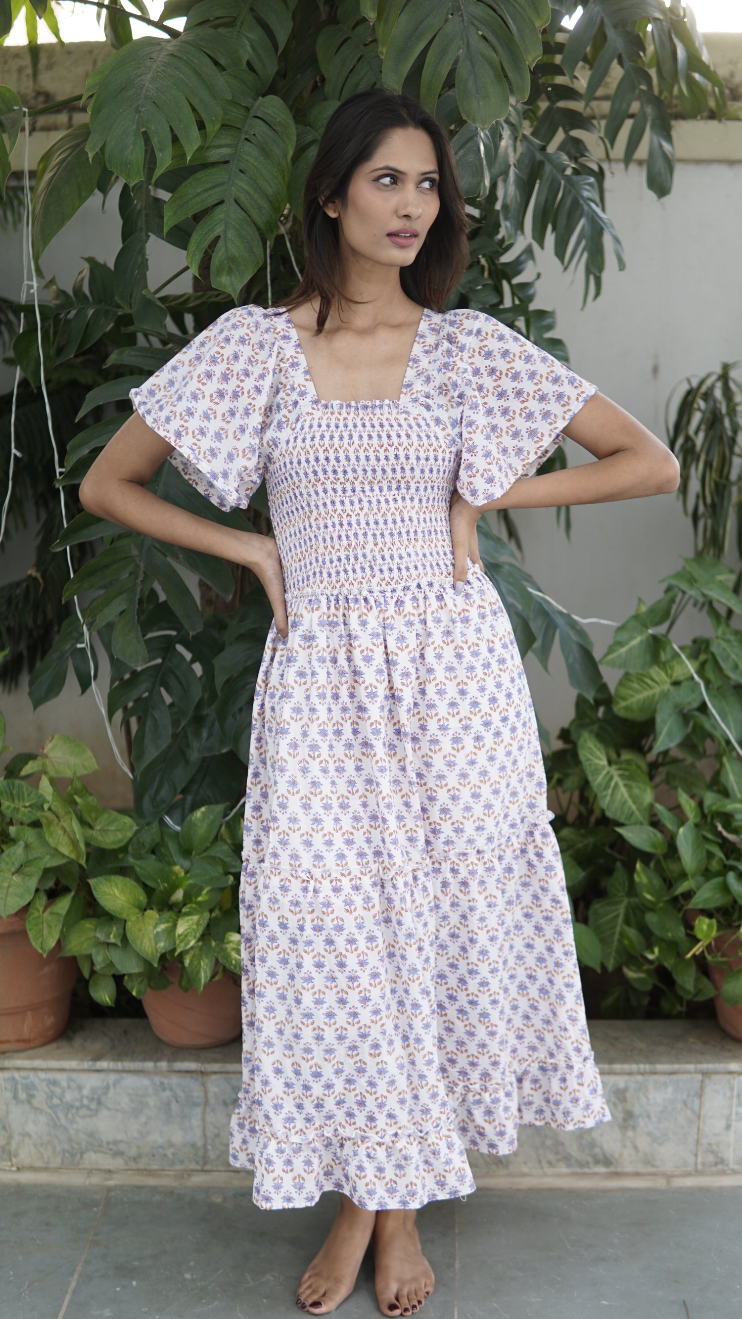 summer midi dress, boho printed maxi dress, pink and white cotton print.