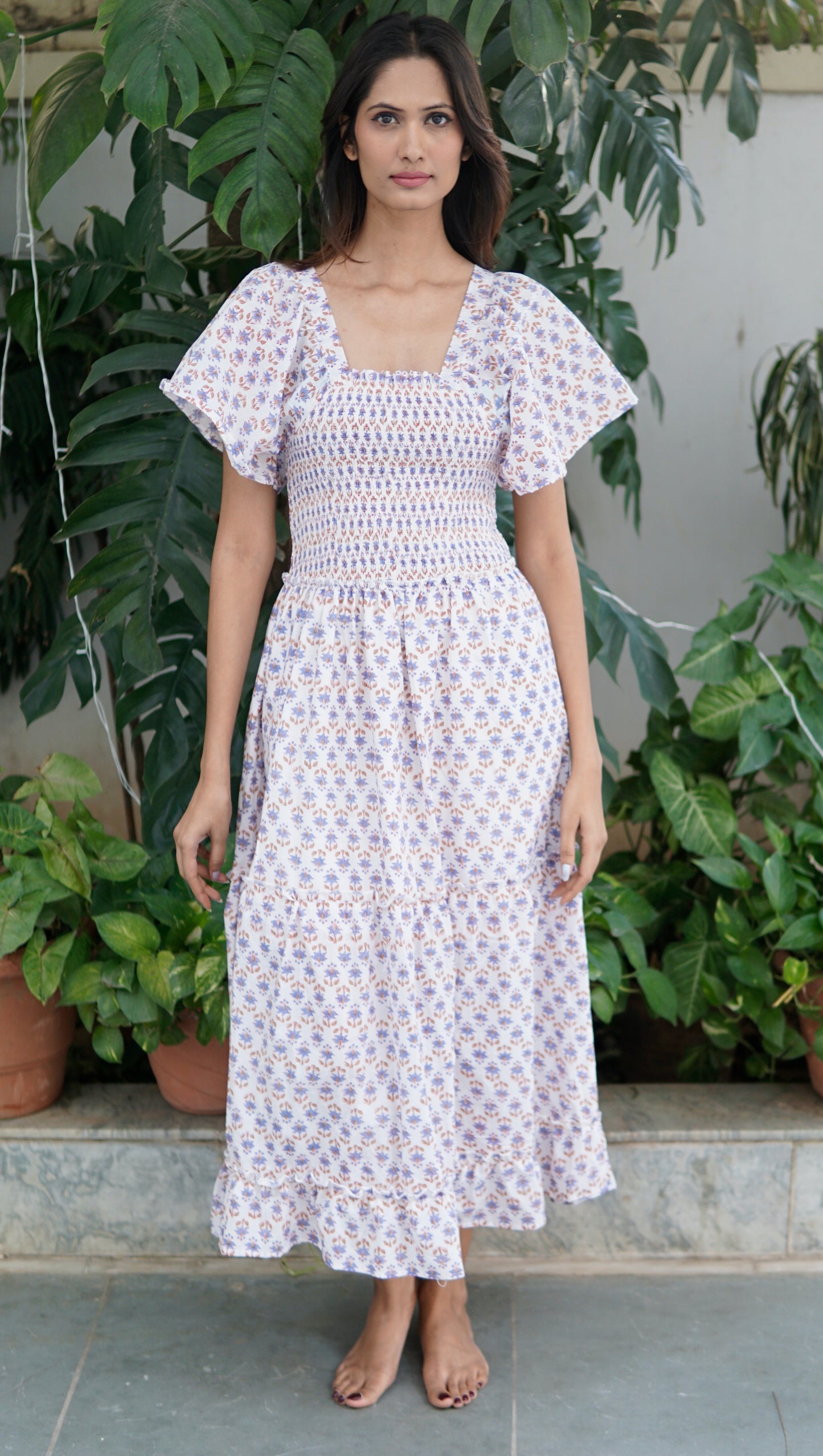 summer midi dress, boho printed maxi dress, pink and white cotton print.