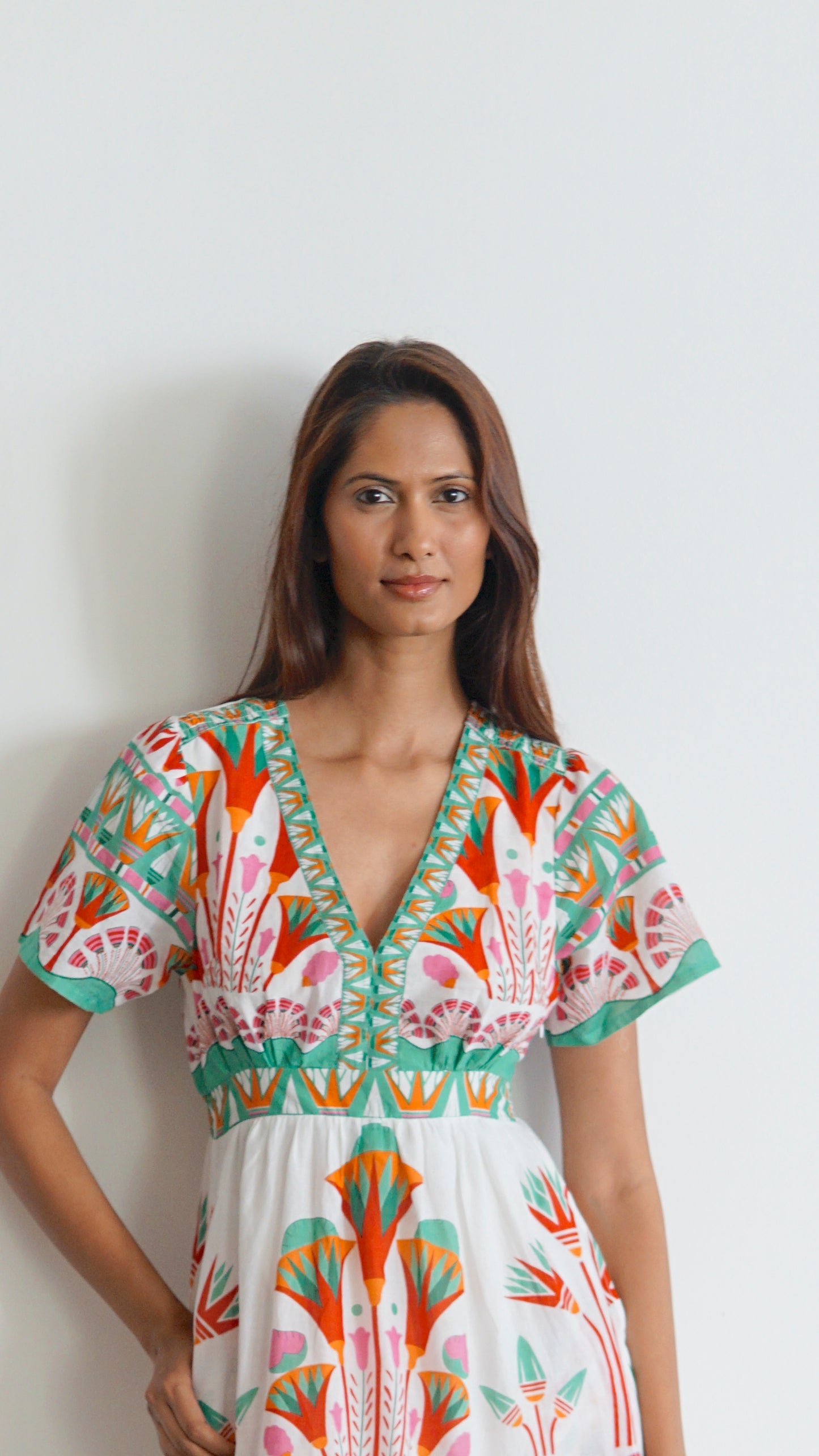 White floral print Summer midi dress with pockets Emilia