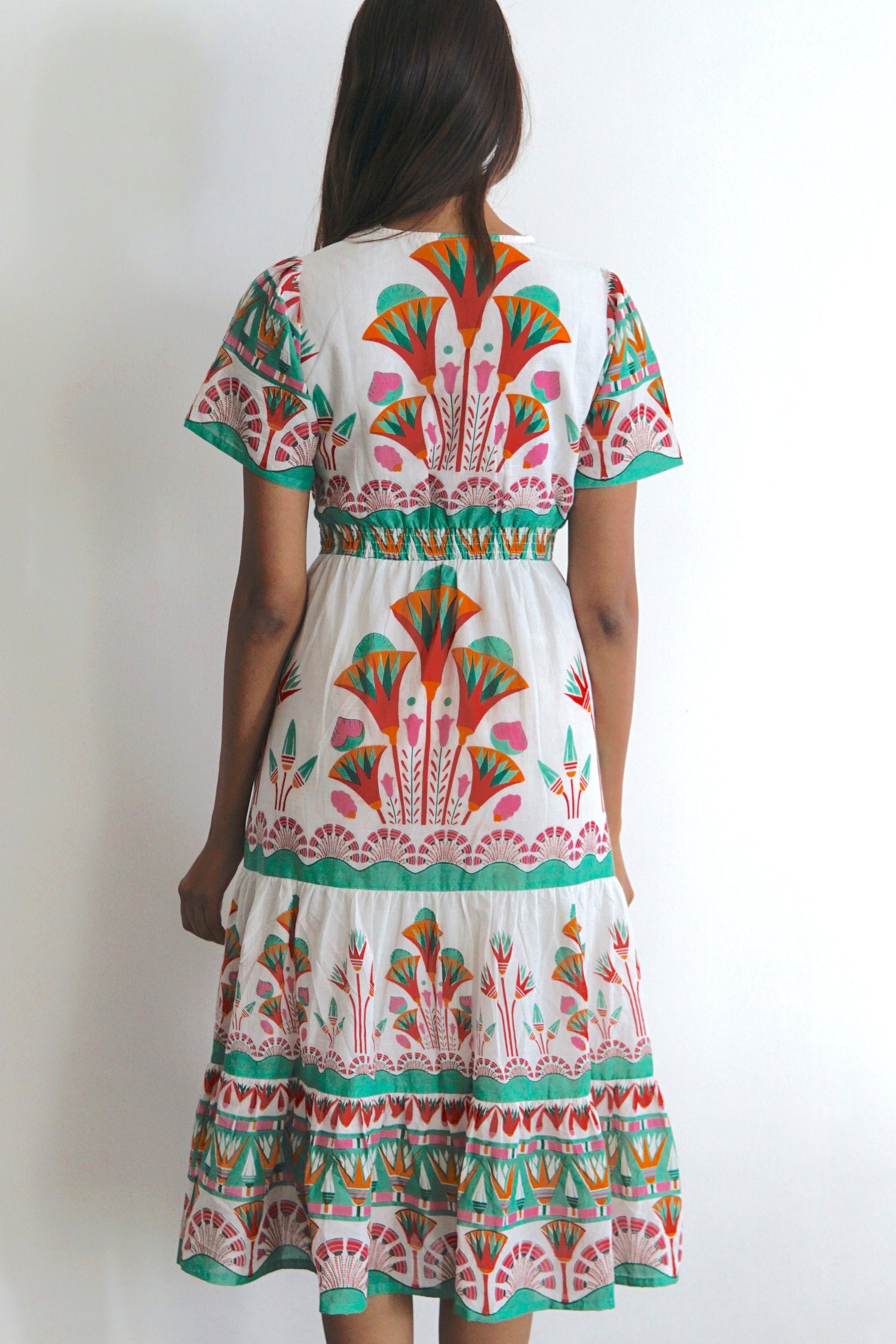 White floral print Summer midi dress with pockets Emilia