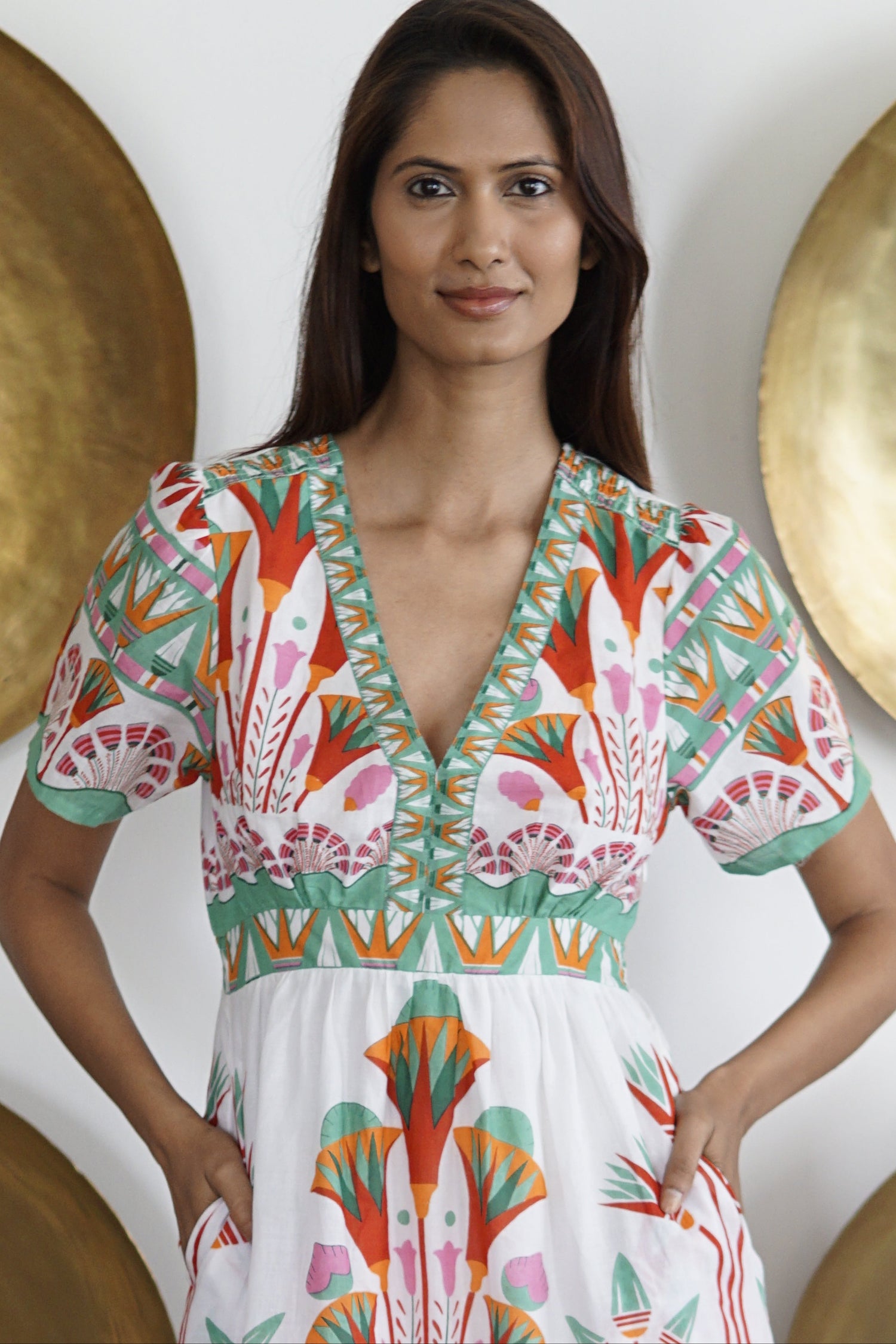 White floral print Summer midi dress with pockets Emilia