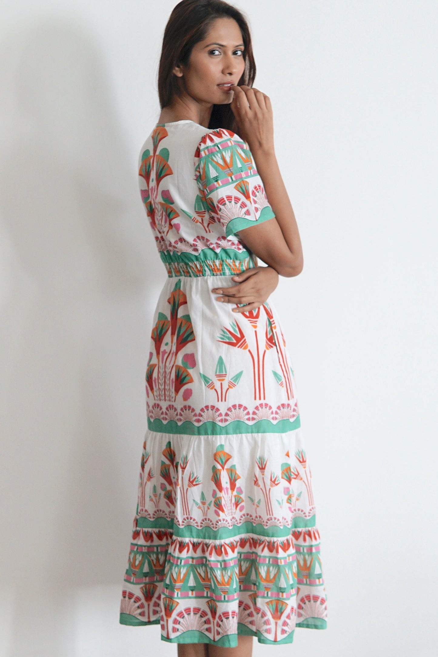 White floral print Summer midi dress with pockets Emilia
