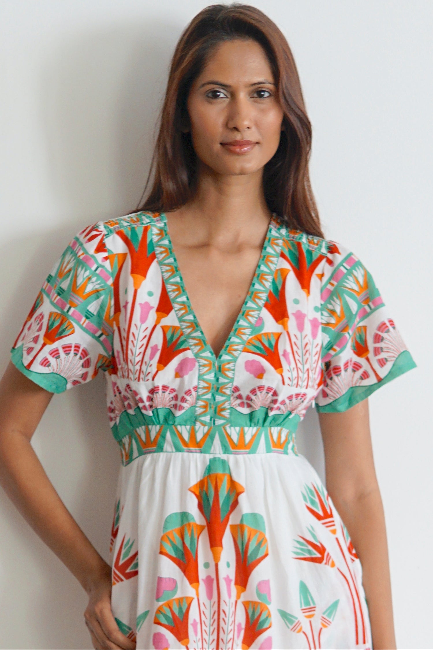 White floral print Summer midi dress with pockets Emilia