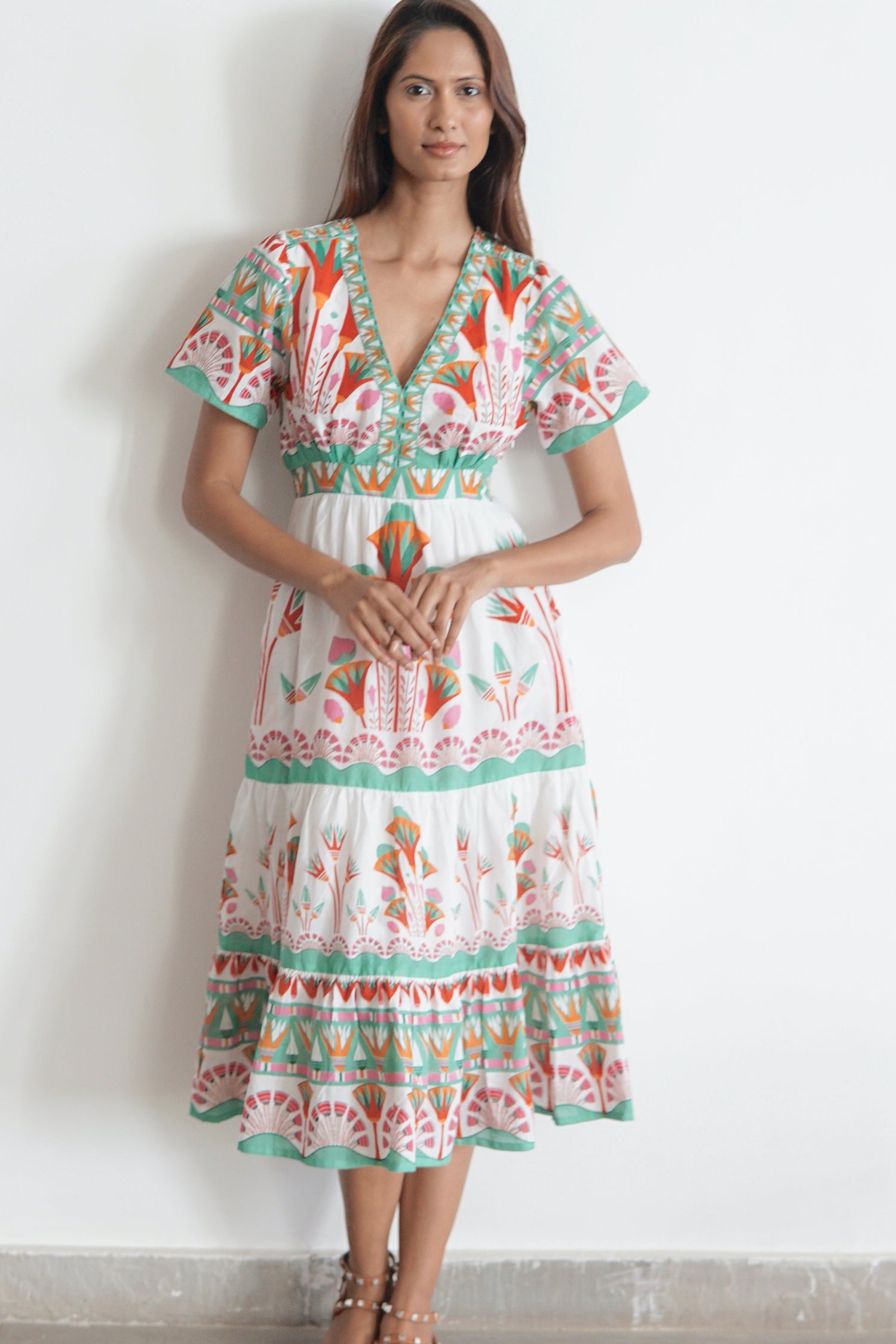 White floral print Summer midi dress with pockets Emilia