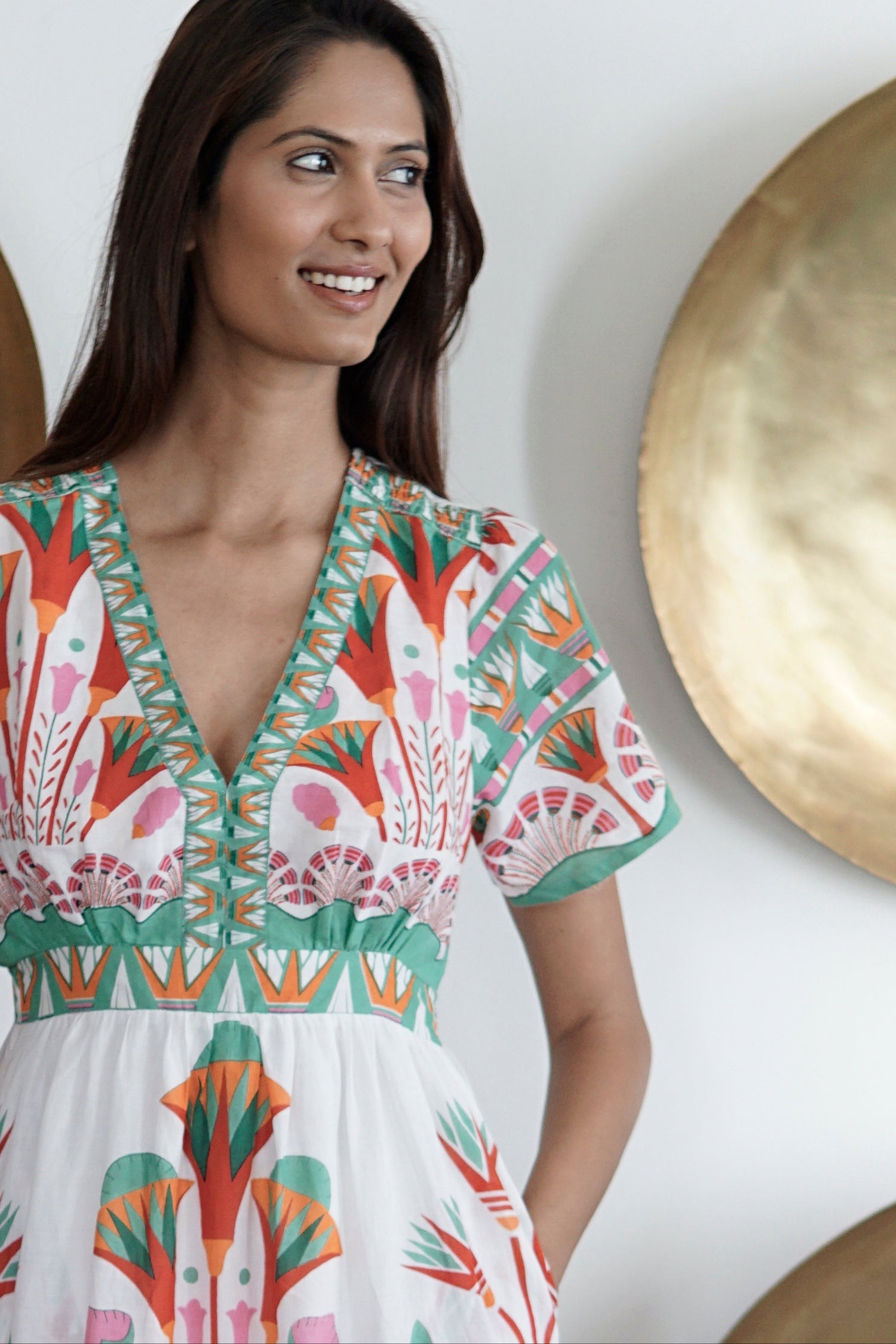 White floral print Summer midi dress with pockets Emilia