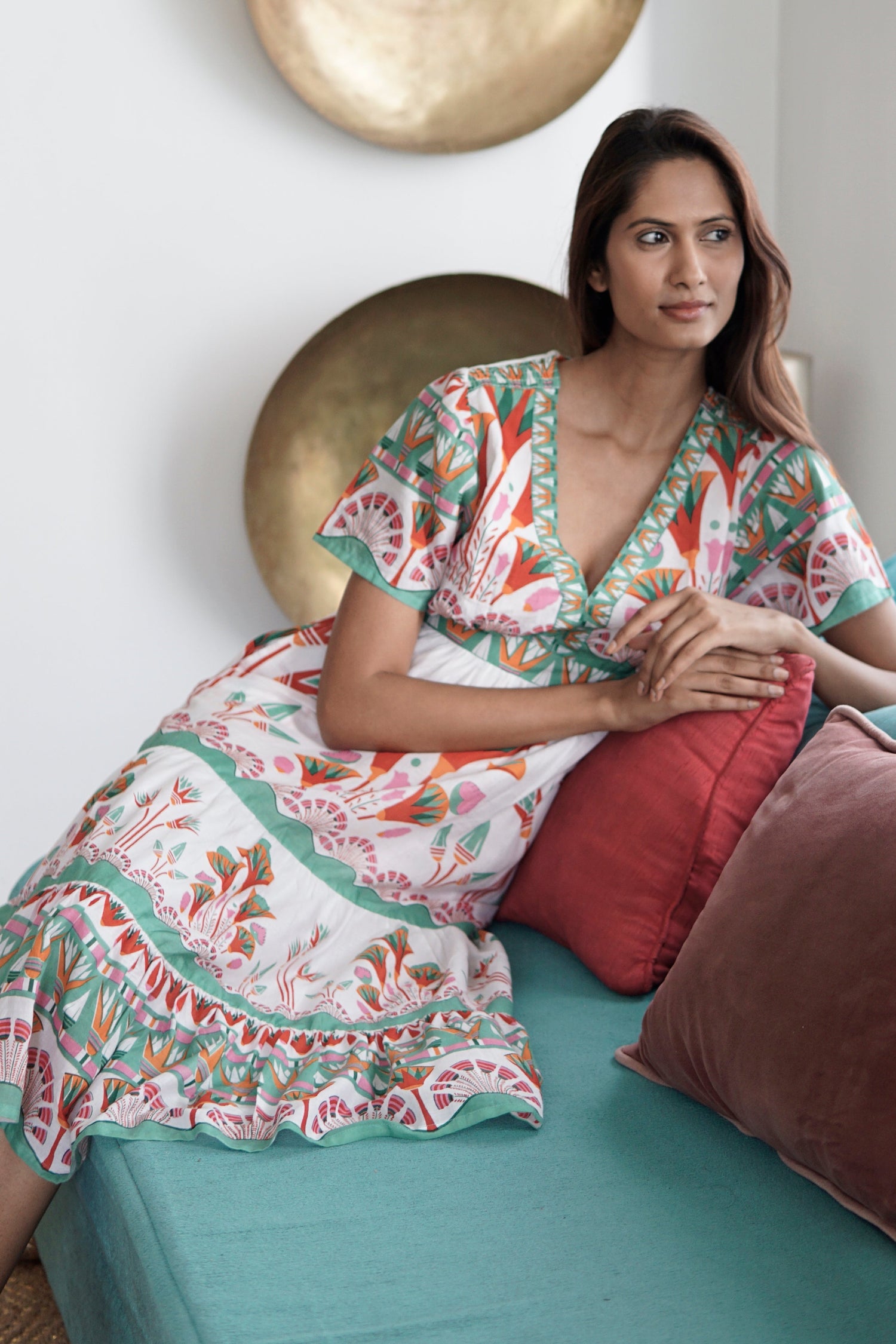 White floral print Summer midi dress with pockets Emilia