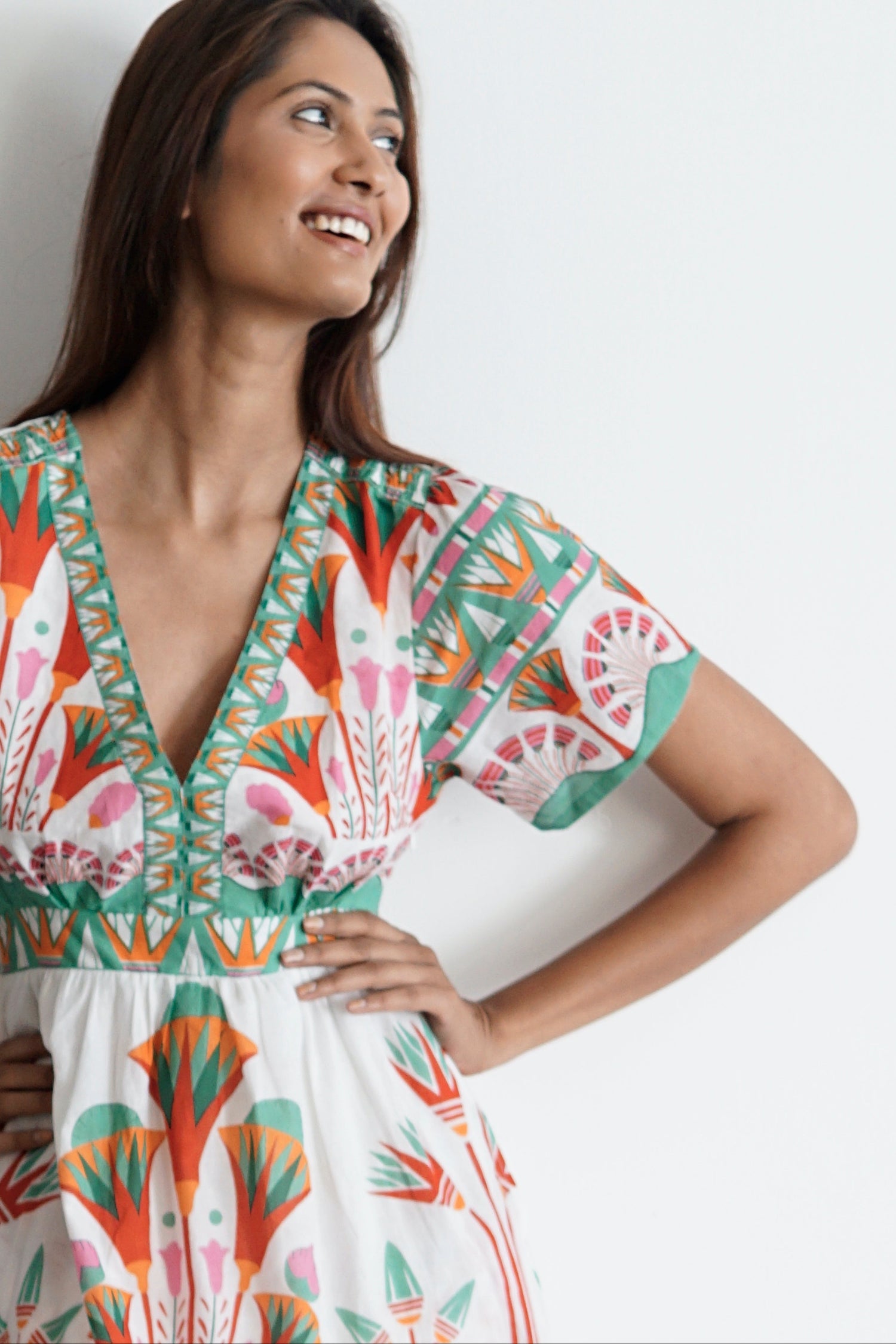 White floral print Summer midi dress with pockets Emilia