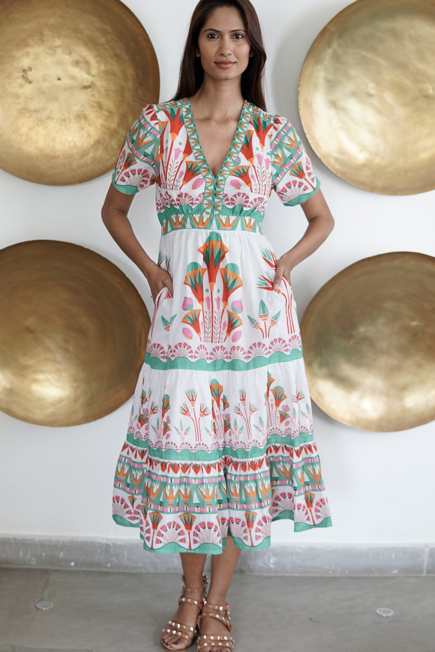 White floral print Summer midi dress with pockets Emilia