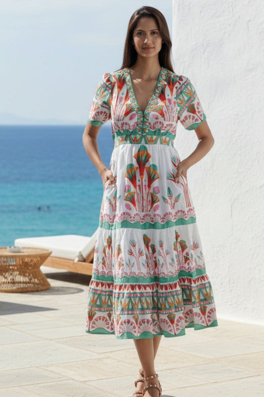 White floral print Summer midi dress with pockets Emilia