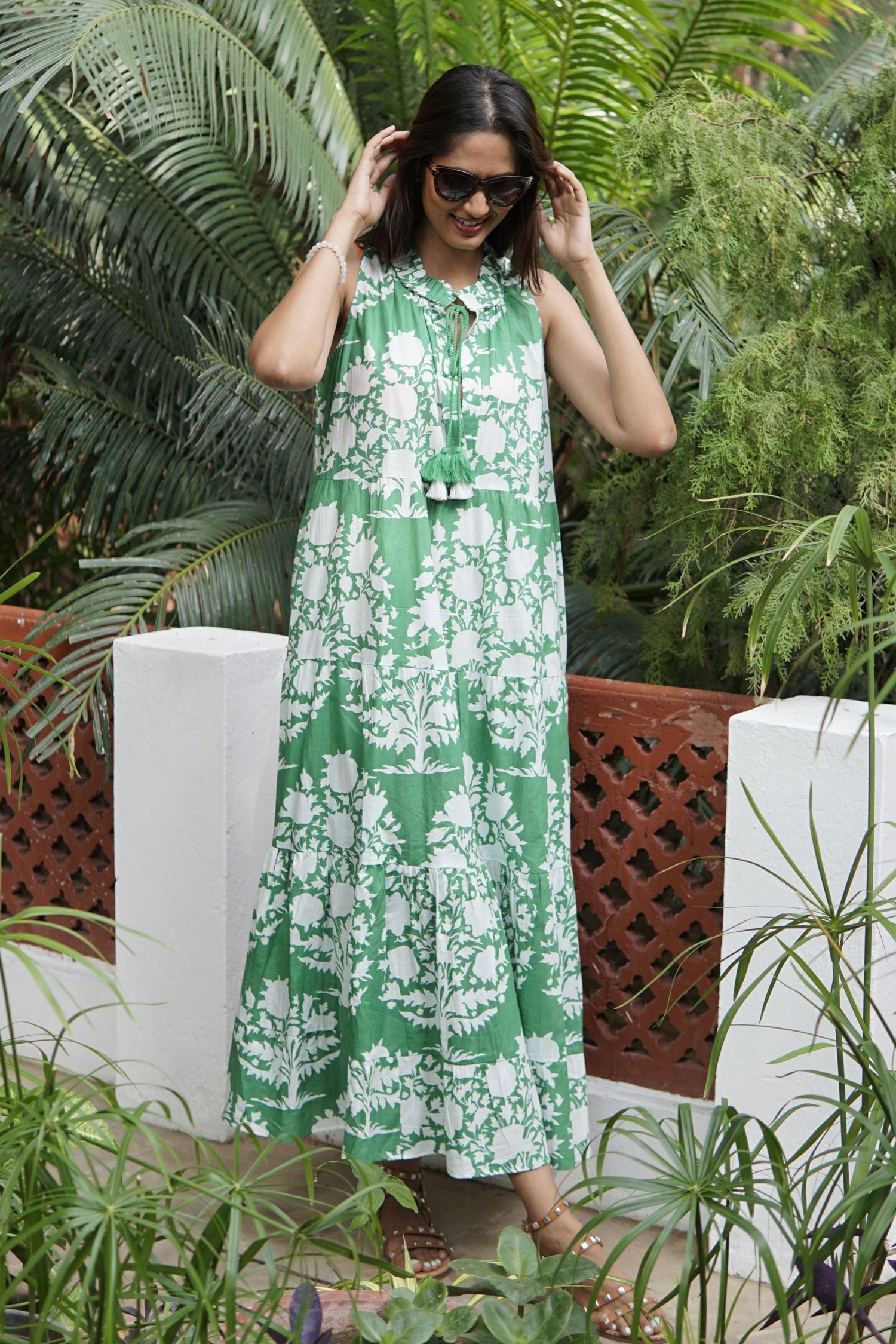 Summer maxi dress with pockets. Maxi dress, beach dress, green and white ikat cotton Emmy