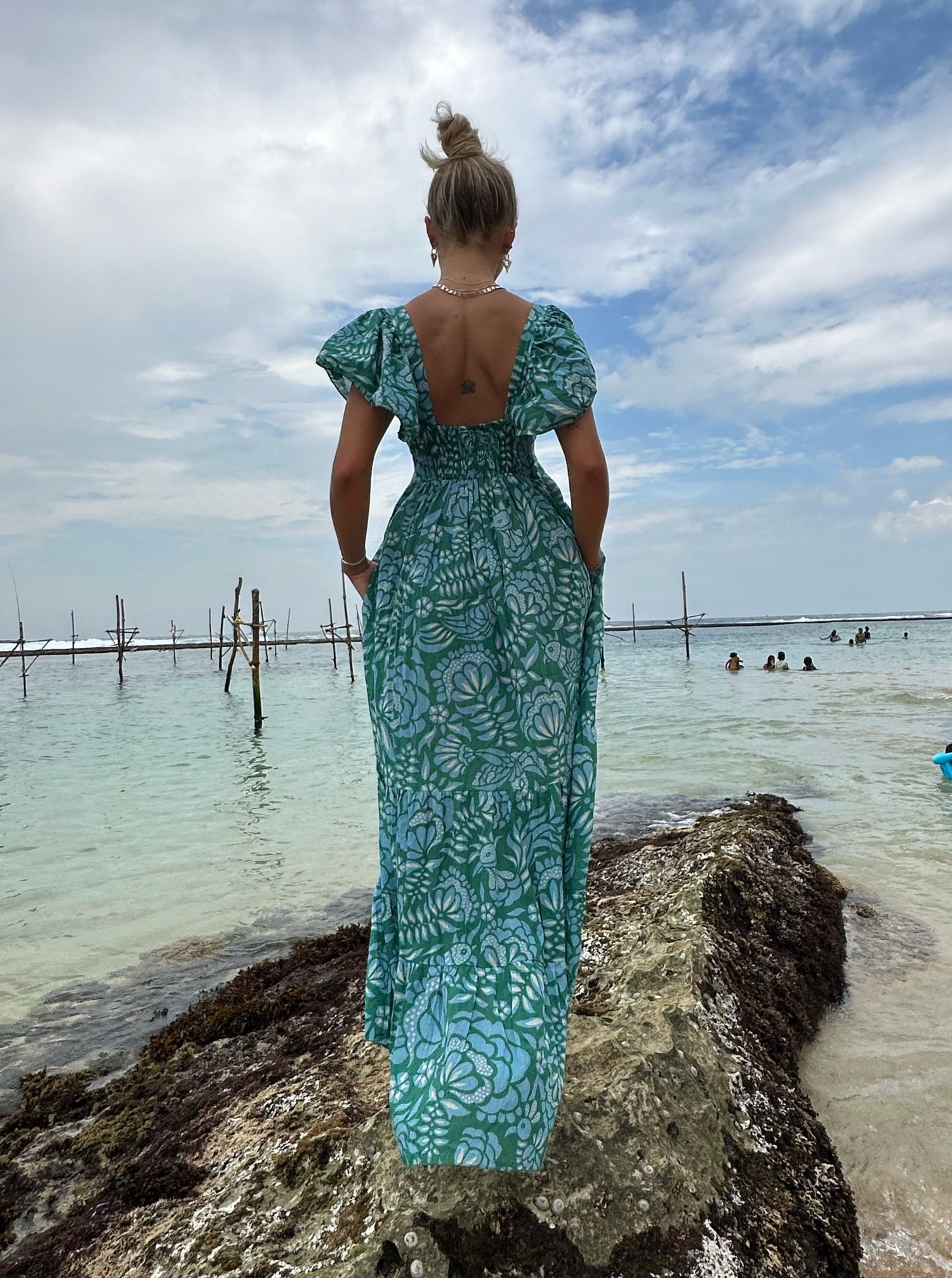 Gaelle Summer maxi dress. Green, blue and white cotton, printed maxi dress