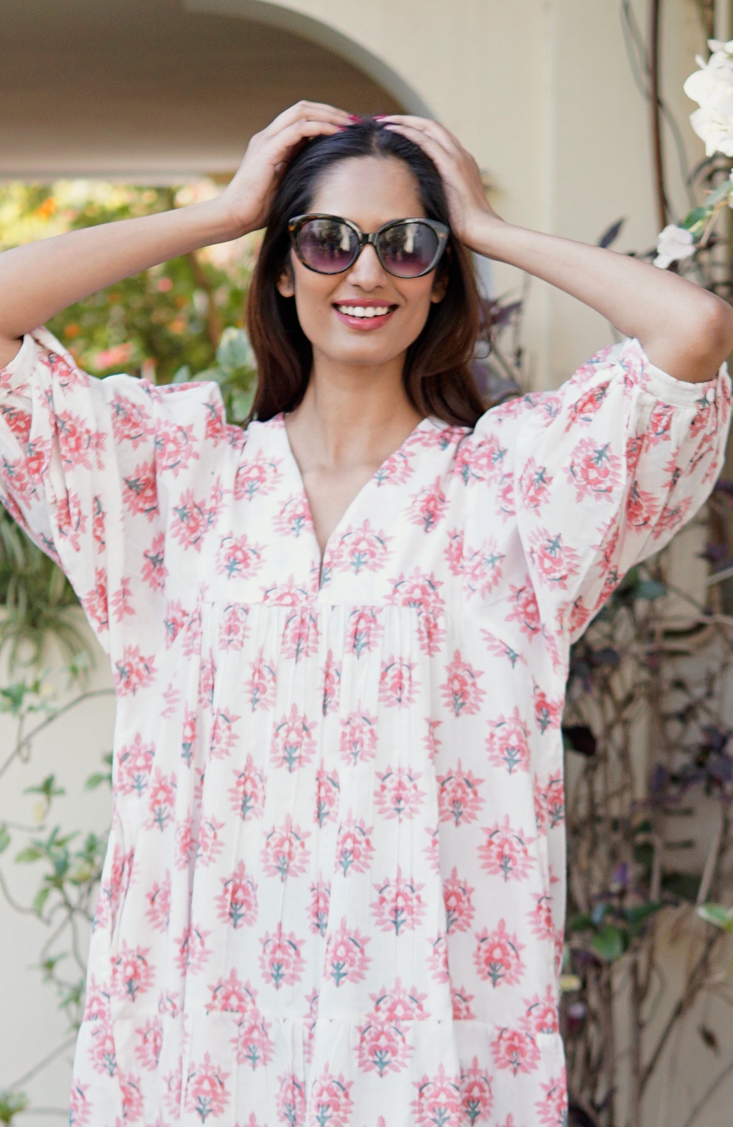 Flora Day Dress, cotton maxi dress with puff sleeves and pockets.