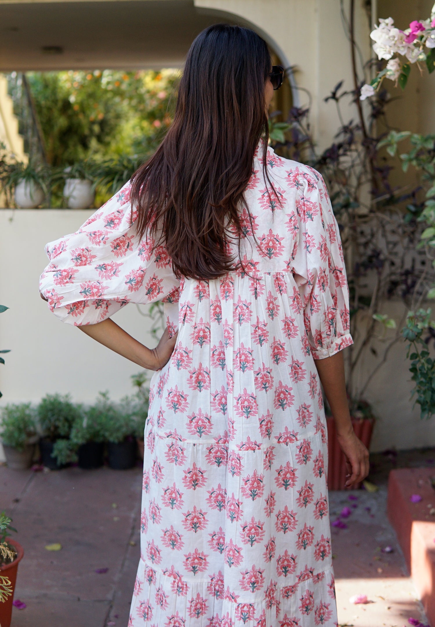 Flora Day Dress, cotton maxi dress with puff sleeves and pockets.