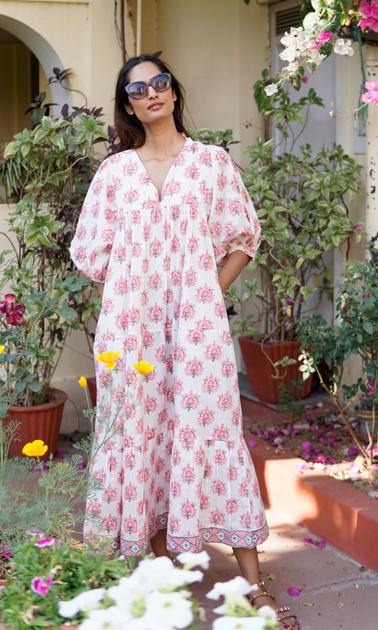Flora Day Dress, cotton maxi dress with puff sleeves and pockets.