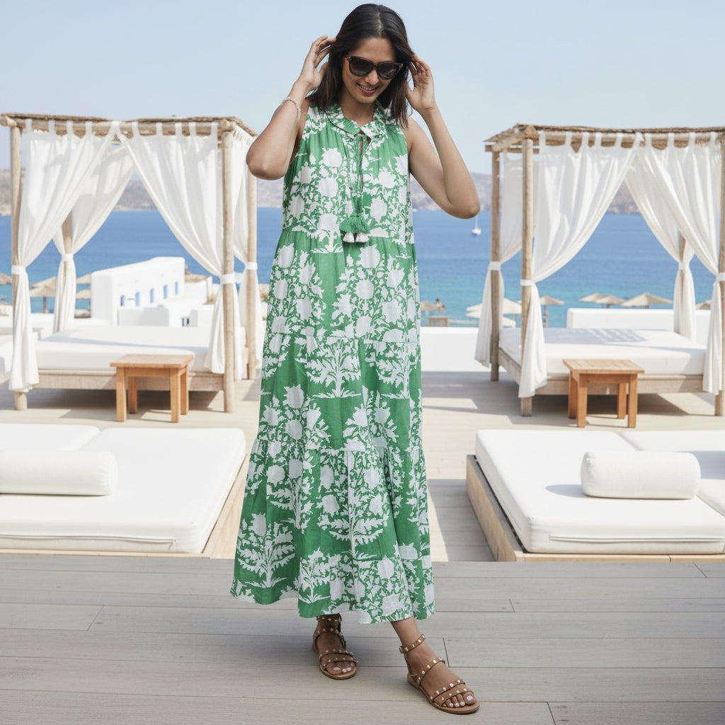 Summer maxi dress with pockets. beach dress, green and white ikat cotton