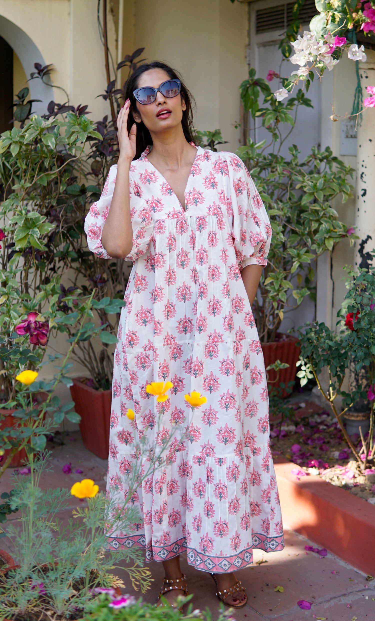 Flora Day Dress, cotton maxi dress with puff sleeves and pockets.