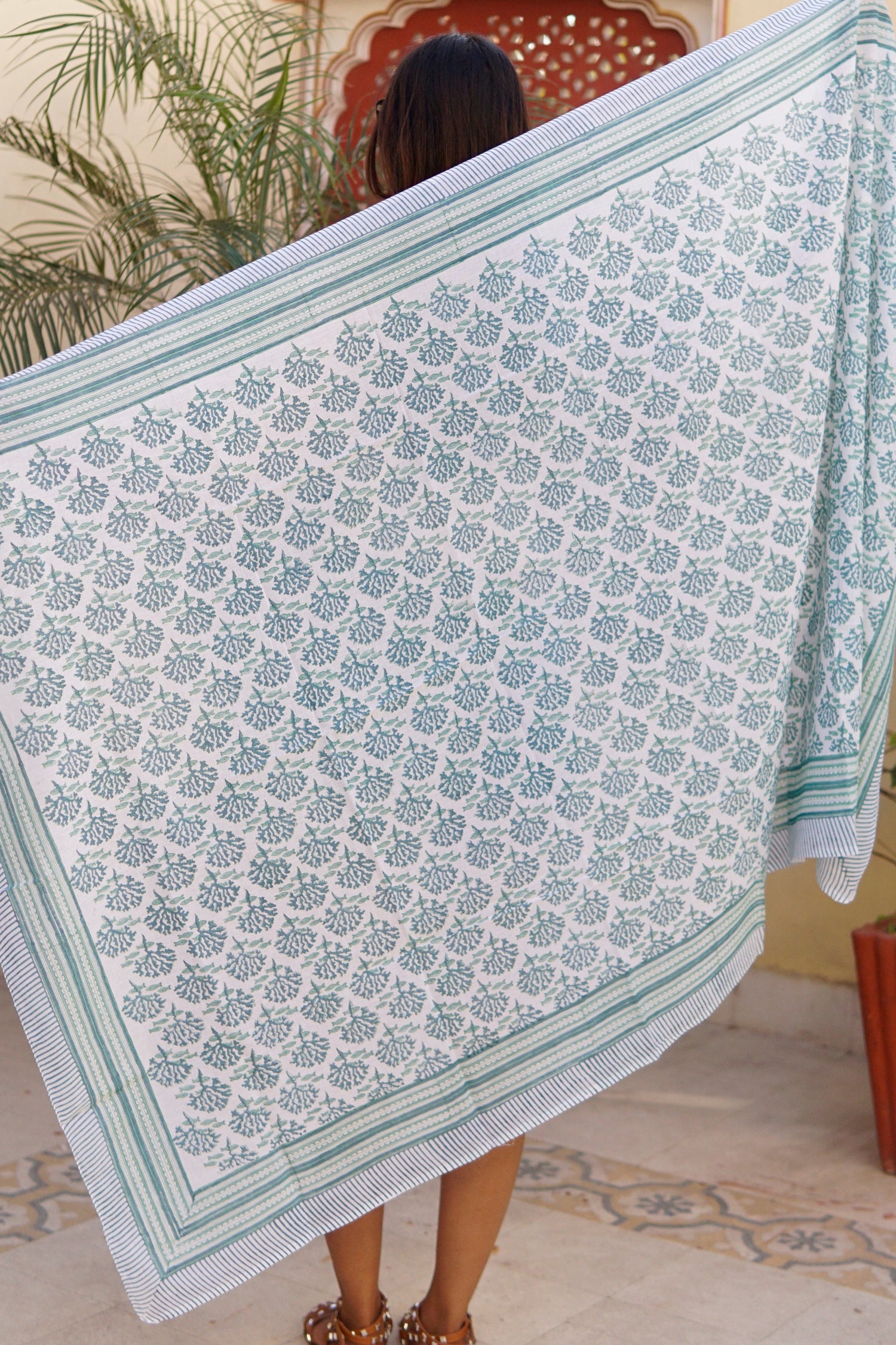 Pareo, green and white block print cotton sarong