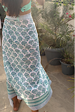 Pareo, green and white block print cotton sarong