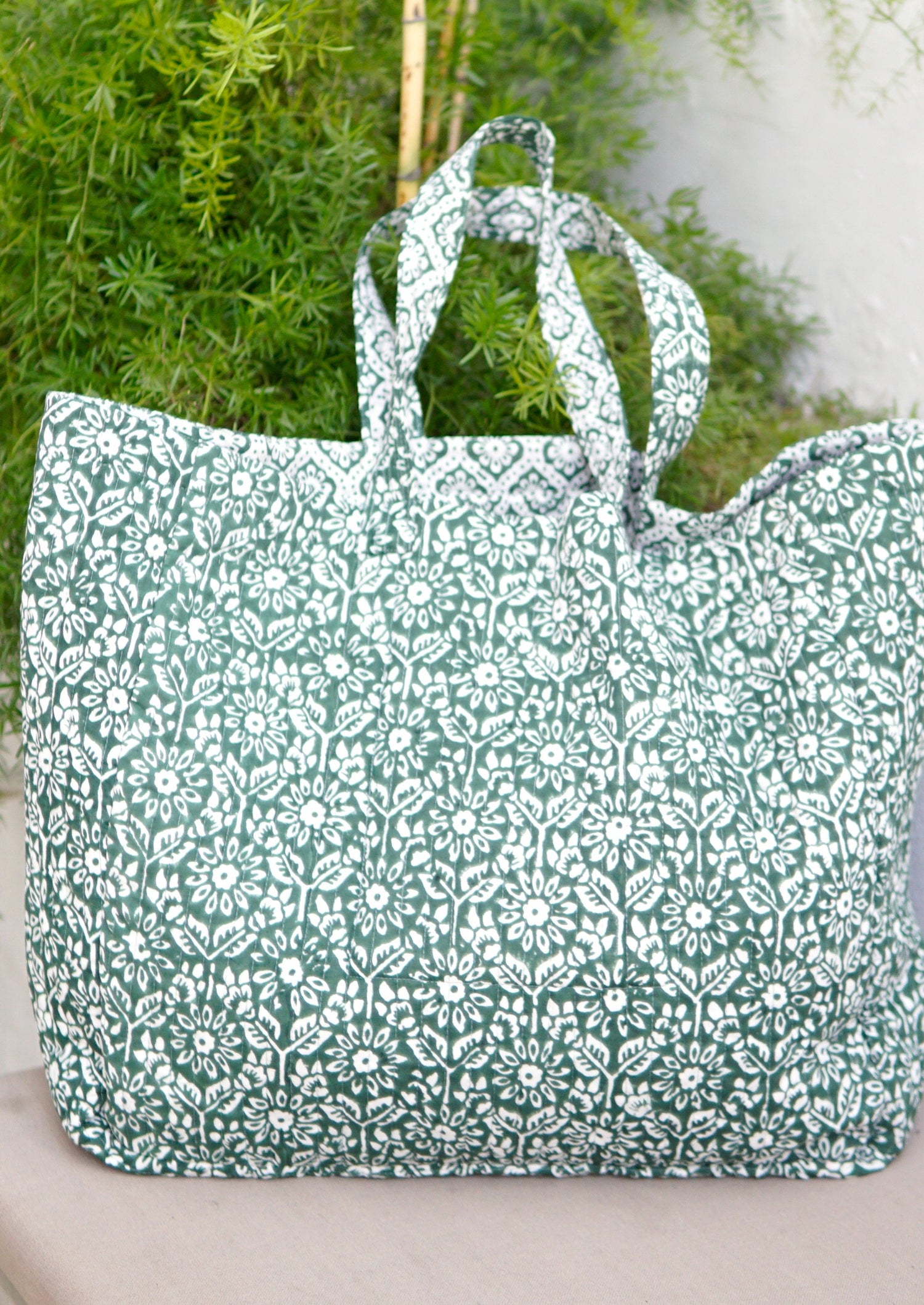 Beach Bag, XL green and white block print, contrast lining with pocket. large beach bag