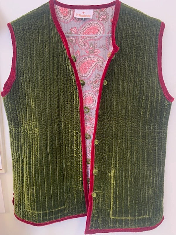 Quilted cotton and silk velvet reversible waistcoat - Absinthe