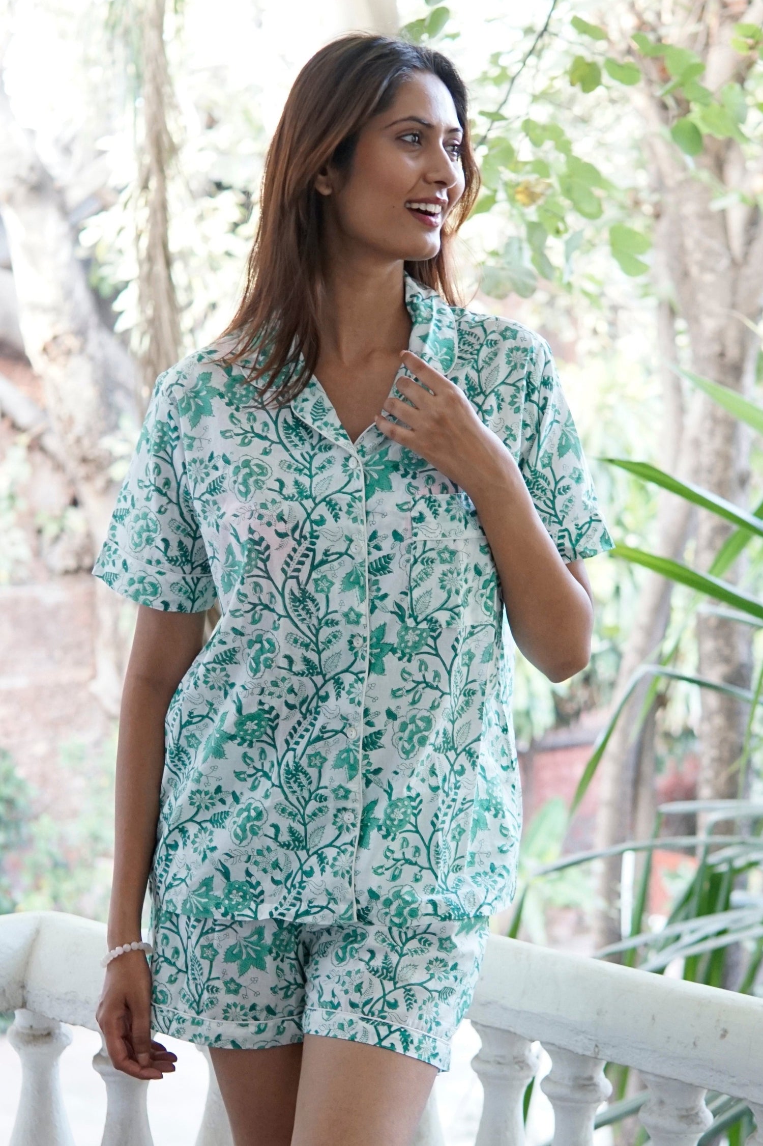 Pyjama set, green and white cotton PJs with pockets, handmade ladies cotton short pyjama 'Shorty'