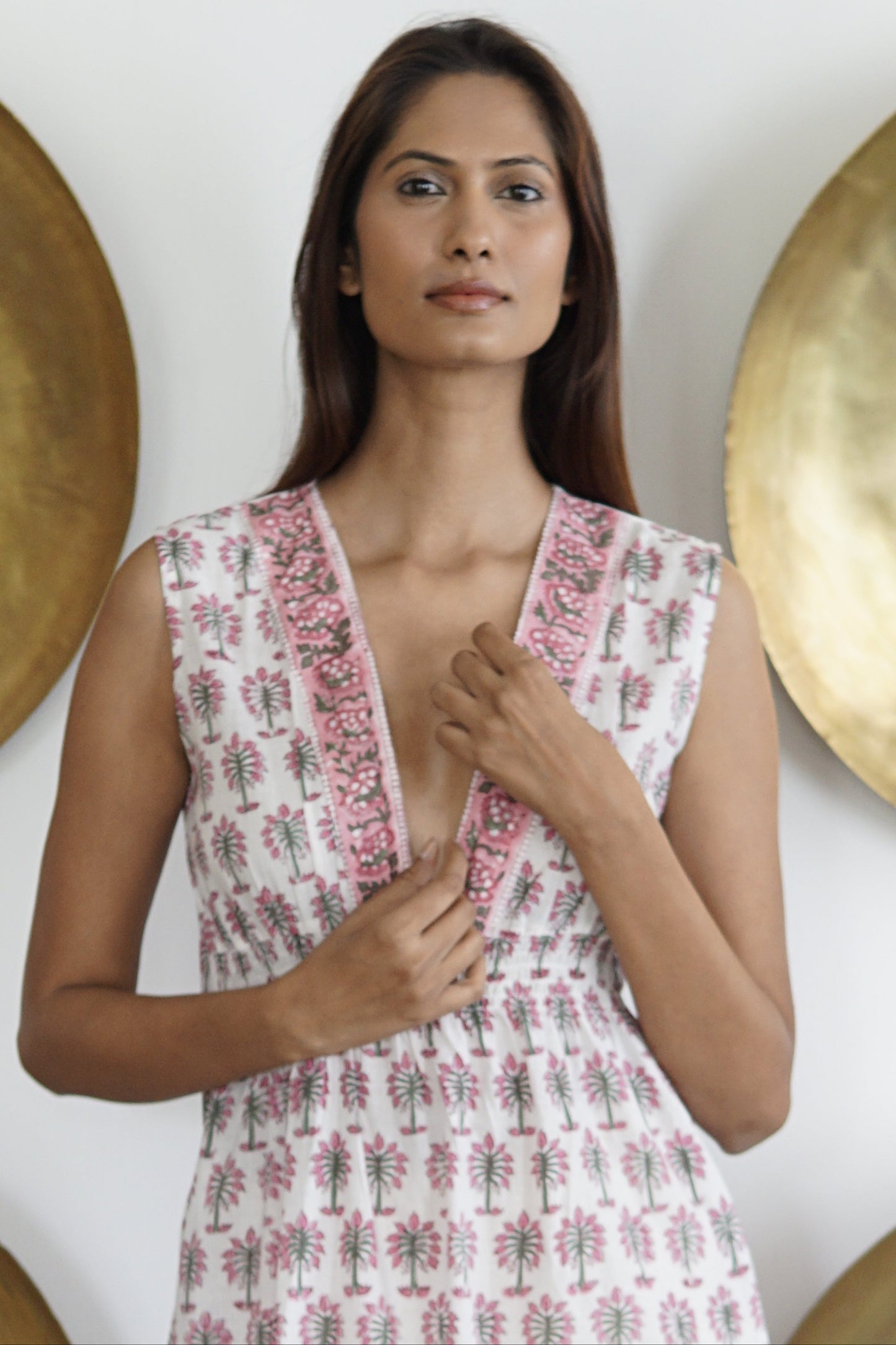 pink and white blockprint cotton beach coverup
