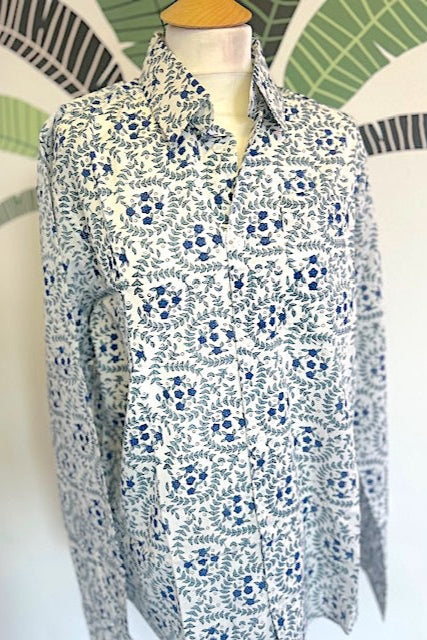 Men's shirt, Summer shirt, blue and white block print men's shirt Julien