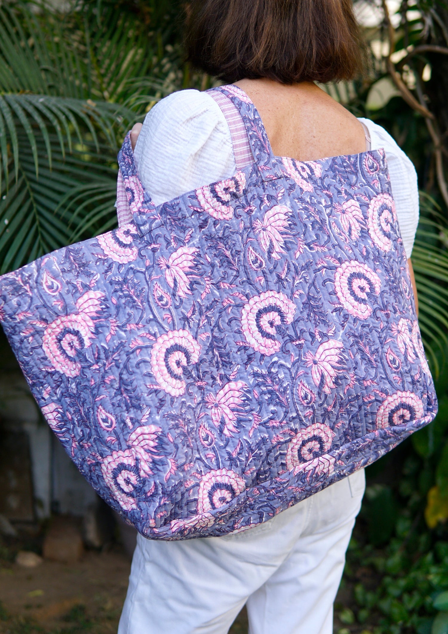 Beach Bag, XL cotton, block print and contrast lining with pocket, purple and pink