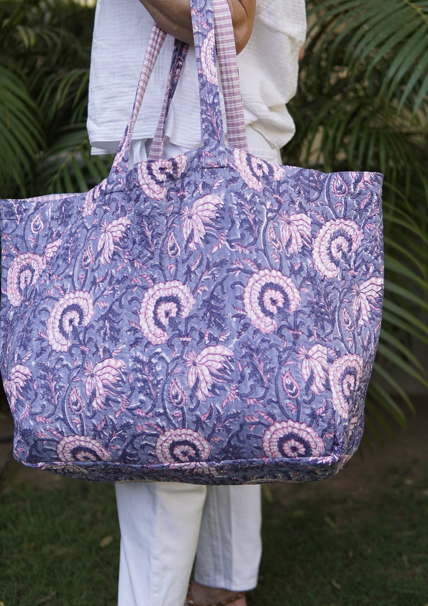 lilac, pink and white beach bag blue and white beach bag fold beachbag squashable beach bag XL beach bag tote bag summer bag quilted cotton bag Nappy bag Large tote bag block print cotton tote bag block print cotton bag , yoga bag, XL nappy bag beach bag