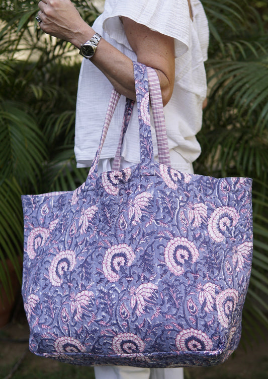 Beach Bag, XL cotton, block print and contrast lining with pocket, purple and pink