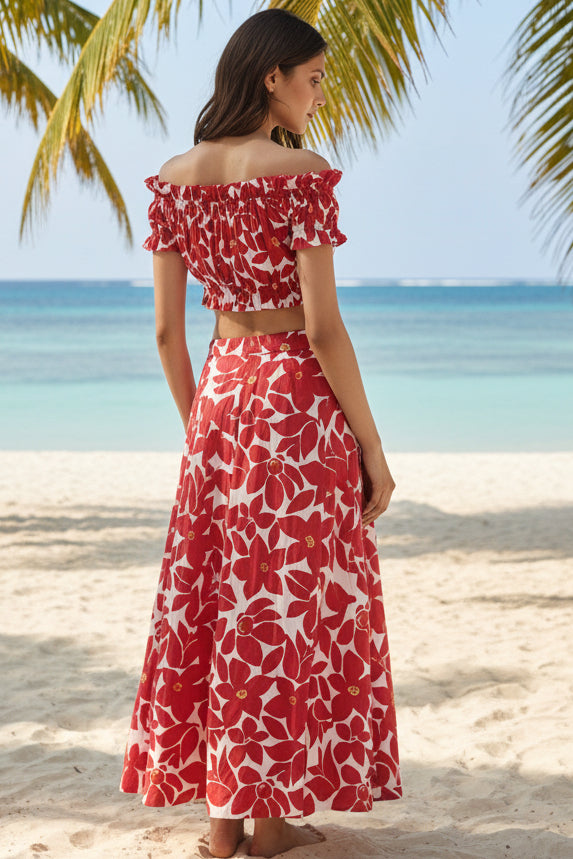 coord set. red and cream skirt and ruched top co-ord set for women. maxi skirt and matching top. summer maxi skirt in red and cream. Boho co-ord set. cotton co-ord set for summer. 