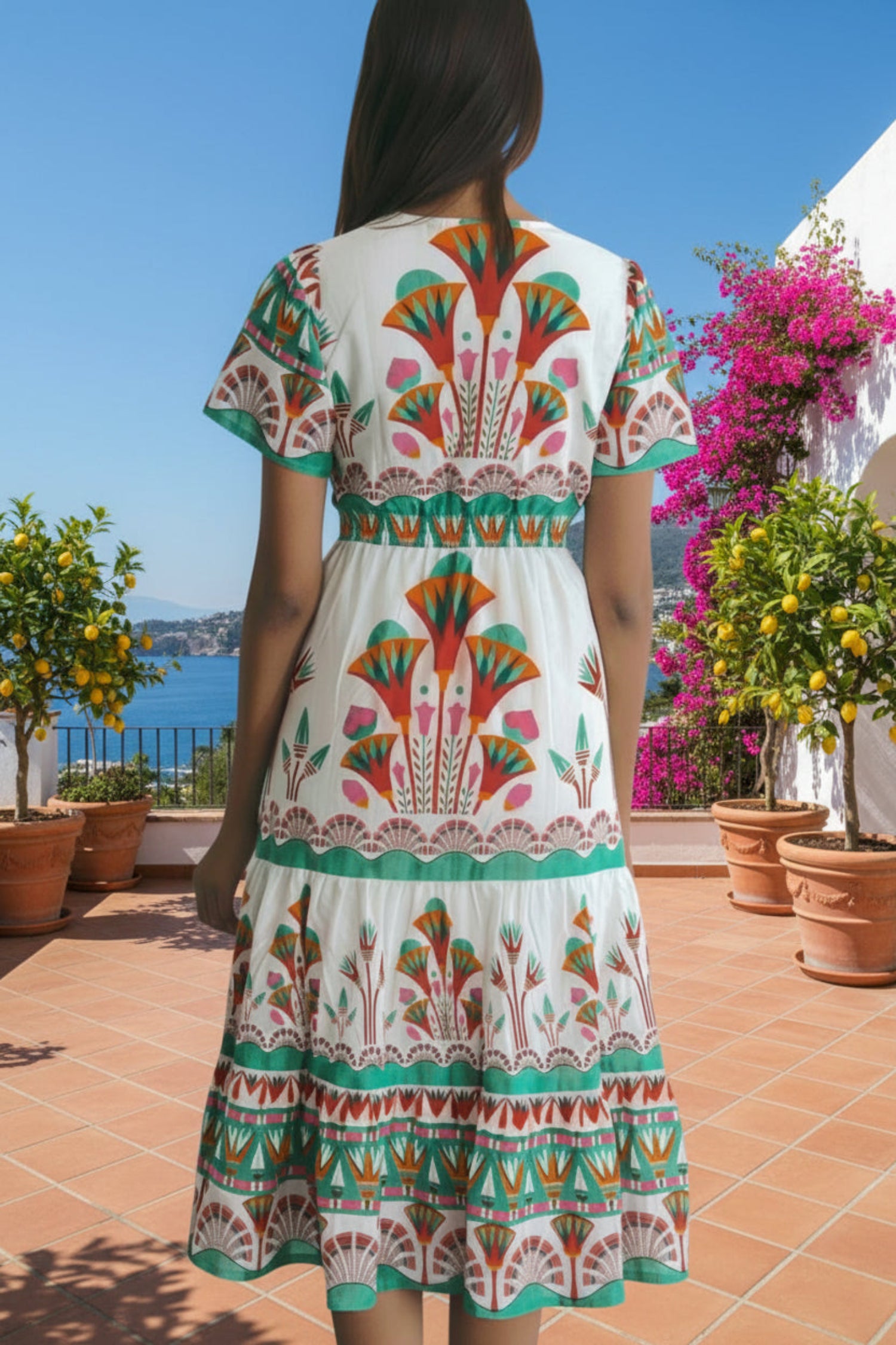 White floral print Summer midi dress with pockets Emilia