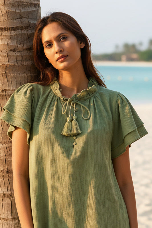 Kaftan beach dress, Khaki cotton beach cover-up with pockets