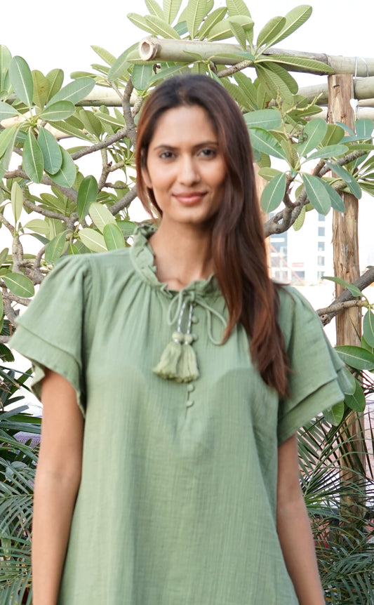 Kaftan beach dress, Khaki cotton beach cover-up with pockets
