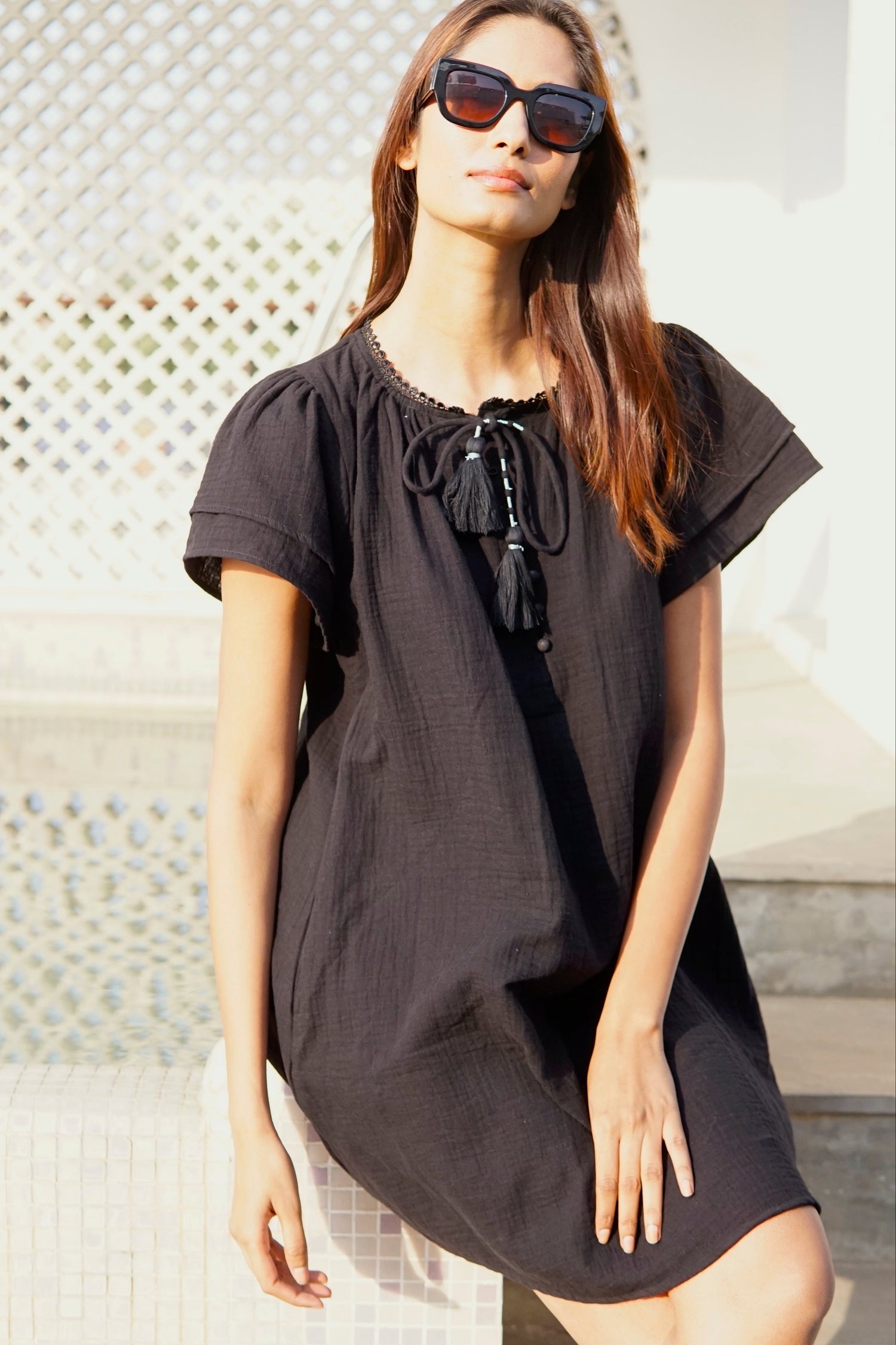 Black gauze Kaftan beach dress, beach cover-up with pockets