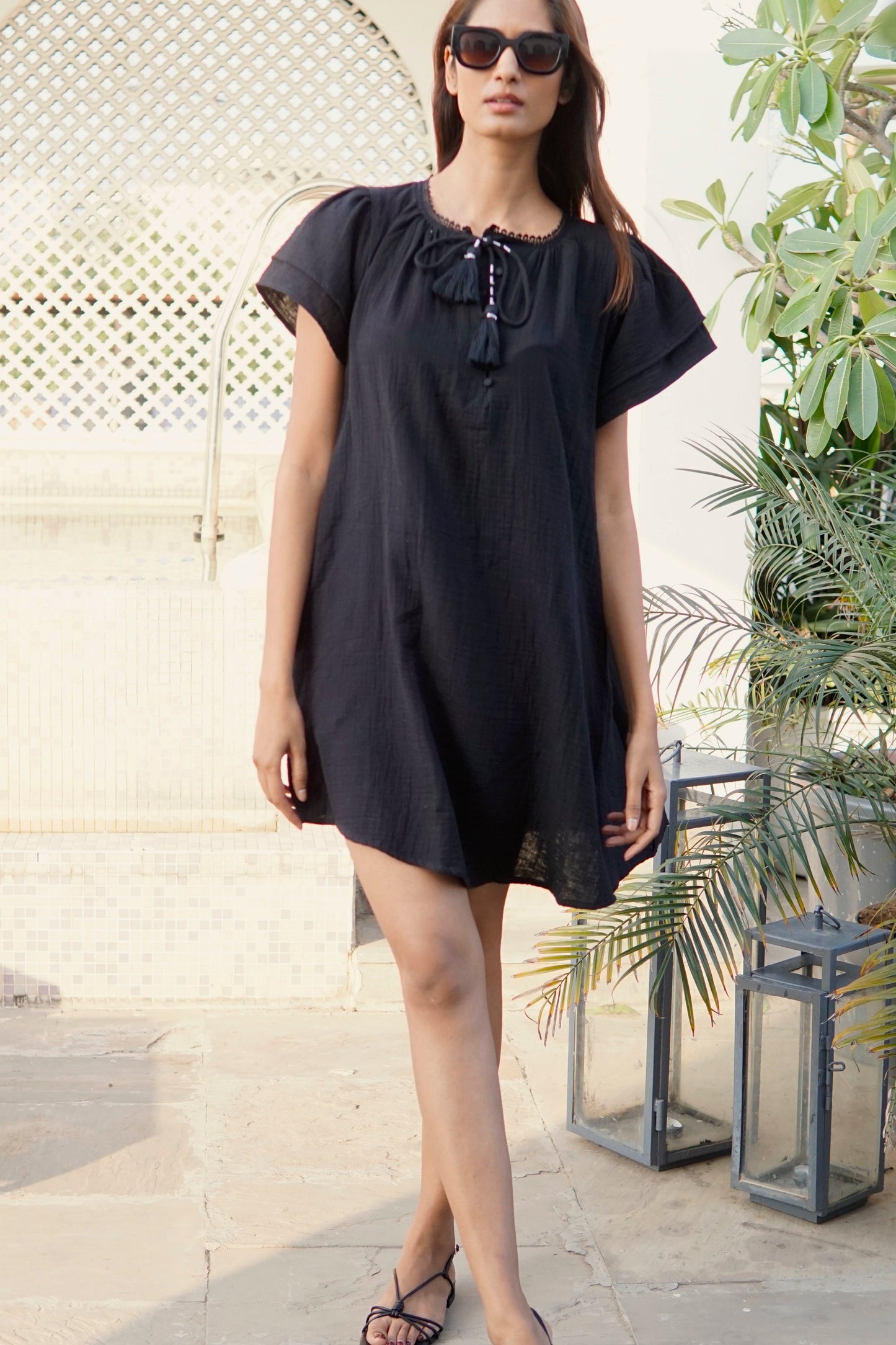 black cotton kaftan dress, beach coverup in double gauze fabric. Chic black beach kaftan coverup,