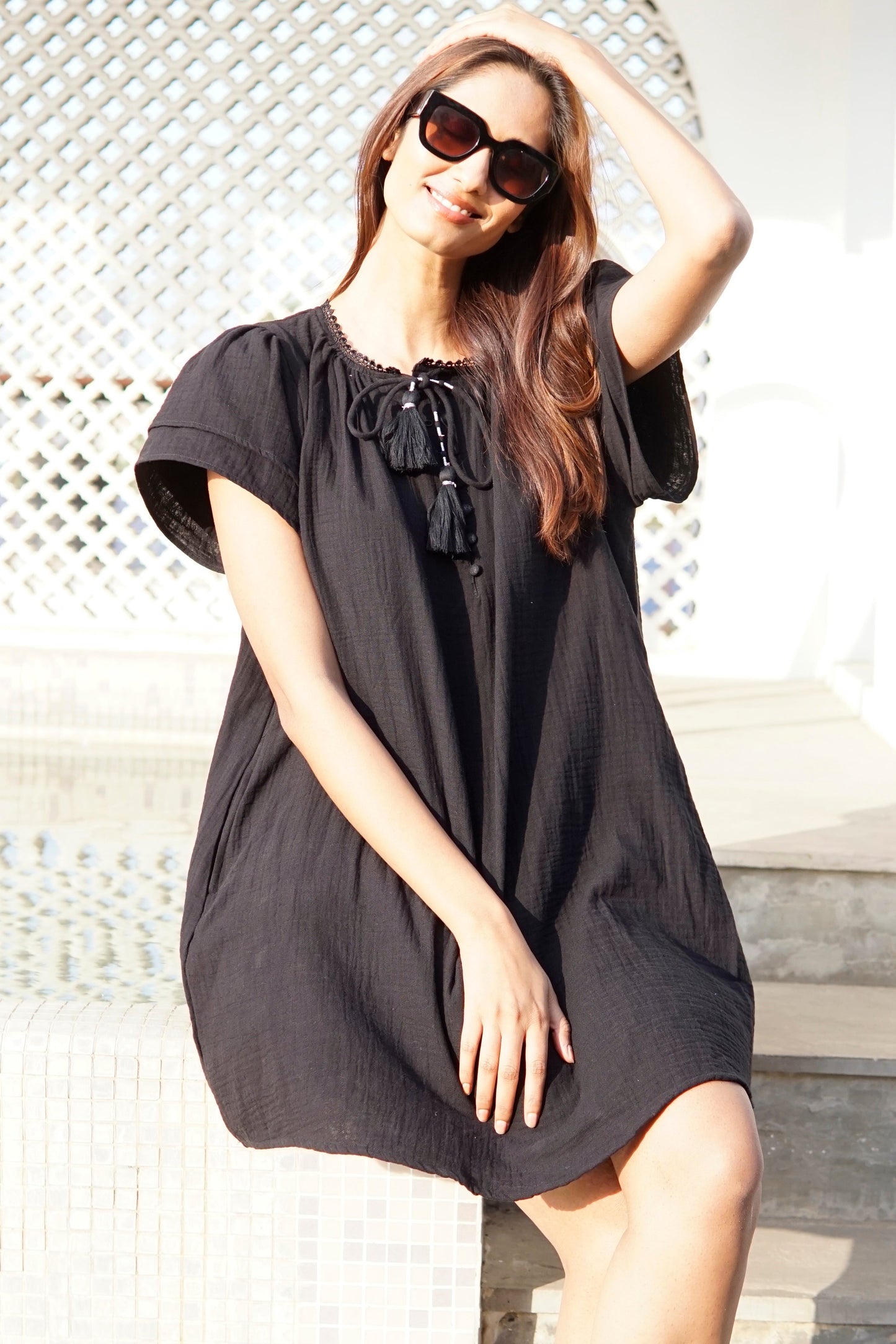 black cotton kaftan dress, beach coverup in double gauze fabric. Chic black beach kaftan coverup,