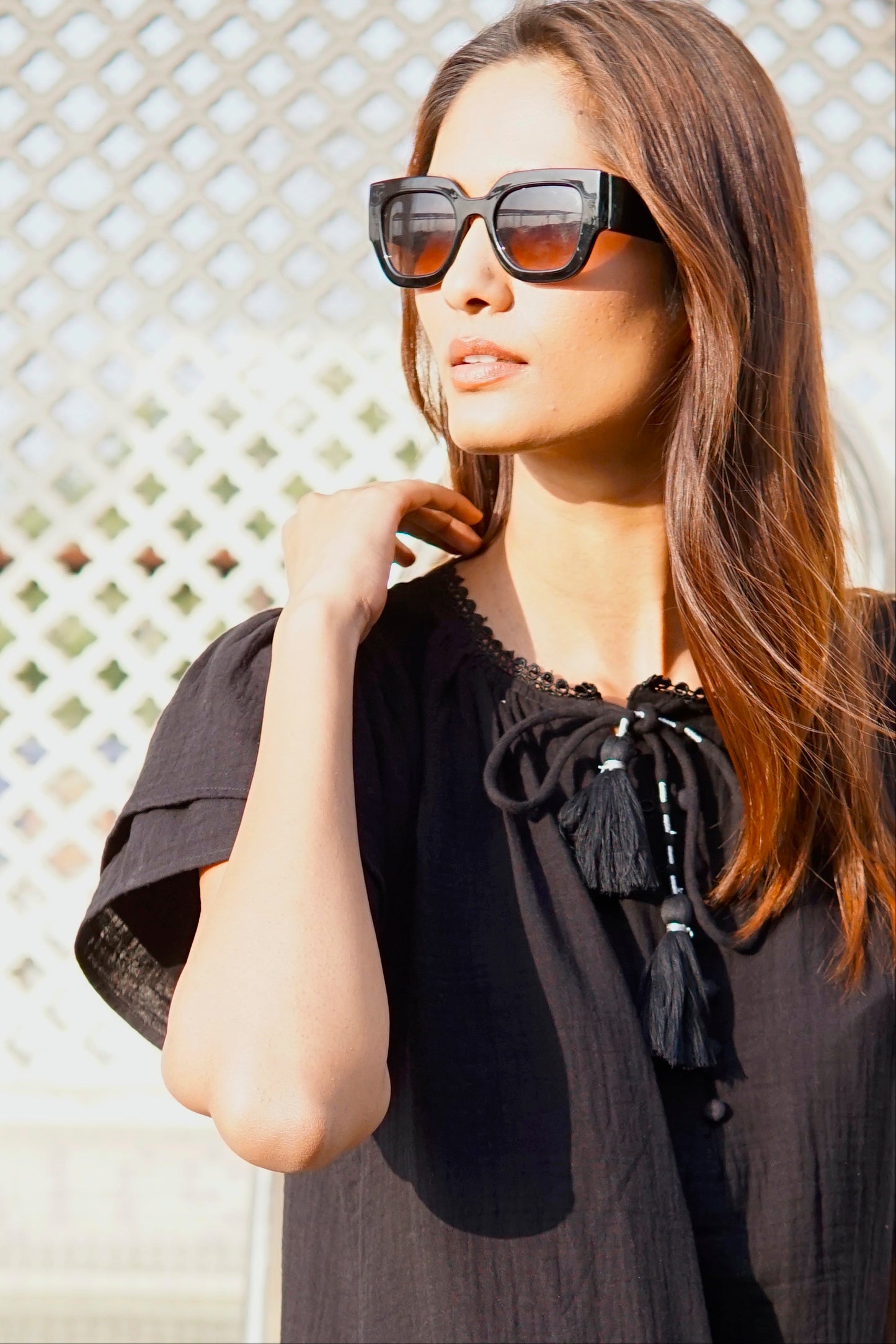 black cotton kaftan dress, beach coverup in double gauze fabric. Chic black beach kaftan coverup,