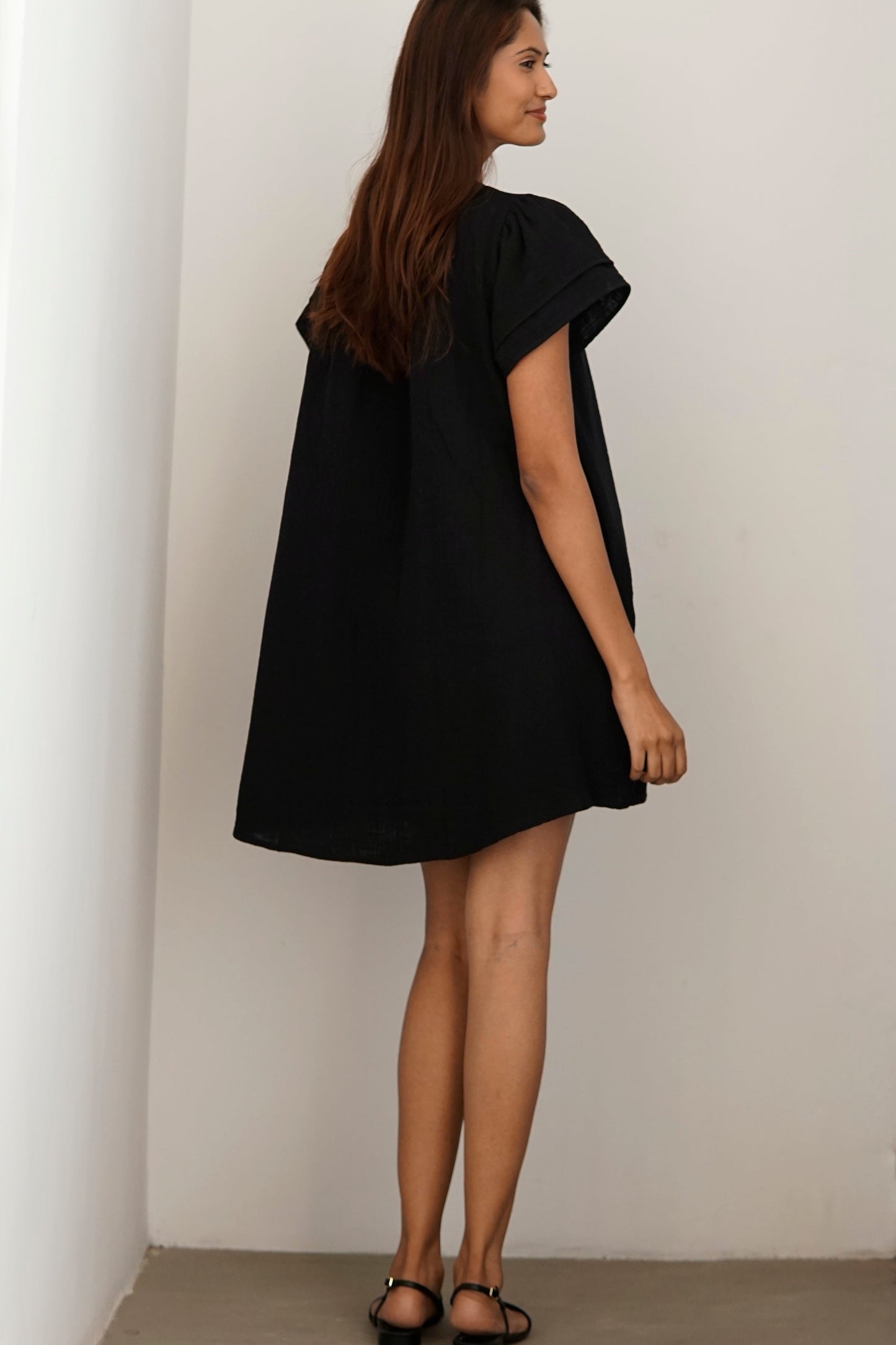 black cotton kaftan dress, beach coverup in double gauze fabric. Chic black beach kaftan coverup,