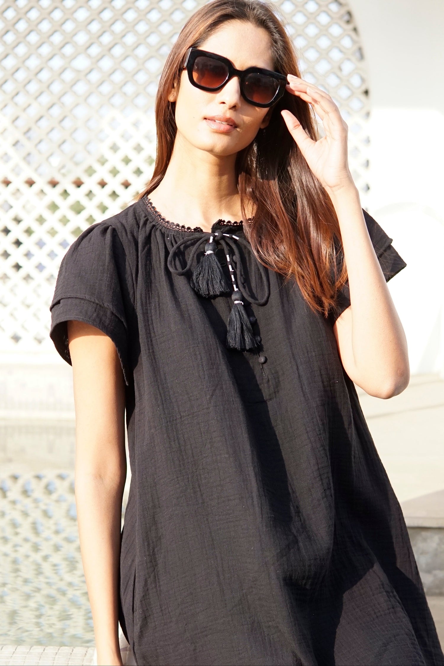 Black gauze Kaftan beach dress, beach cover-up with pockets