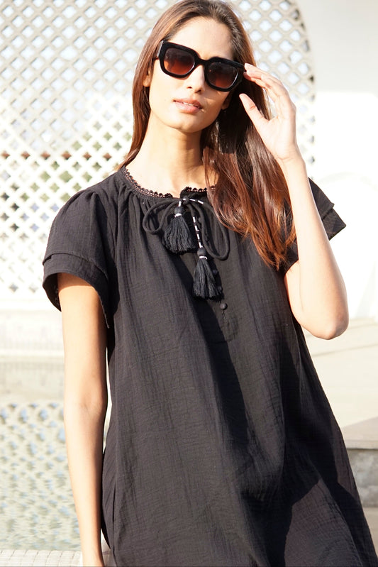 Black gauze Kaftan beach dress, beach cover-up with pockets