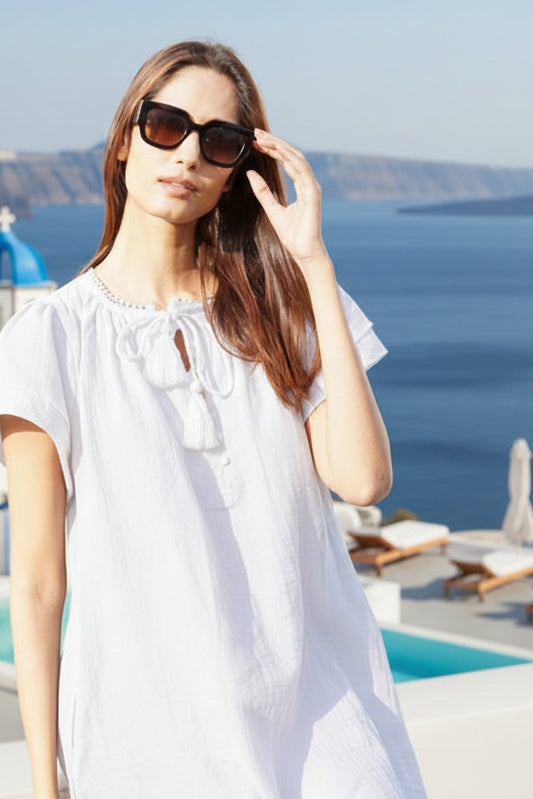 Beach kaftan, white cotton beach cover-up with pockets