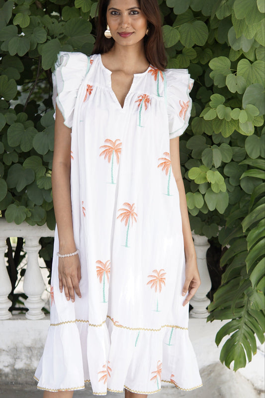 Summer dress, floaty white cotton summer midi dress with pockets 'Palmeraie'