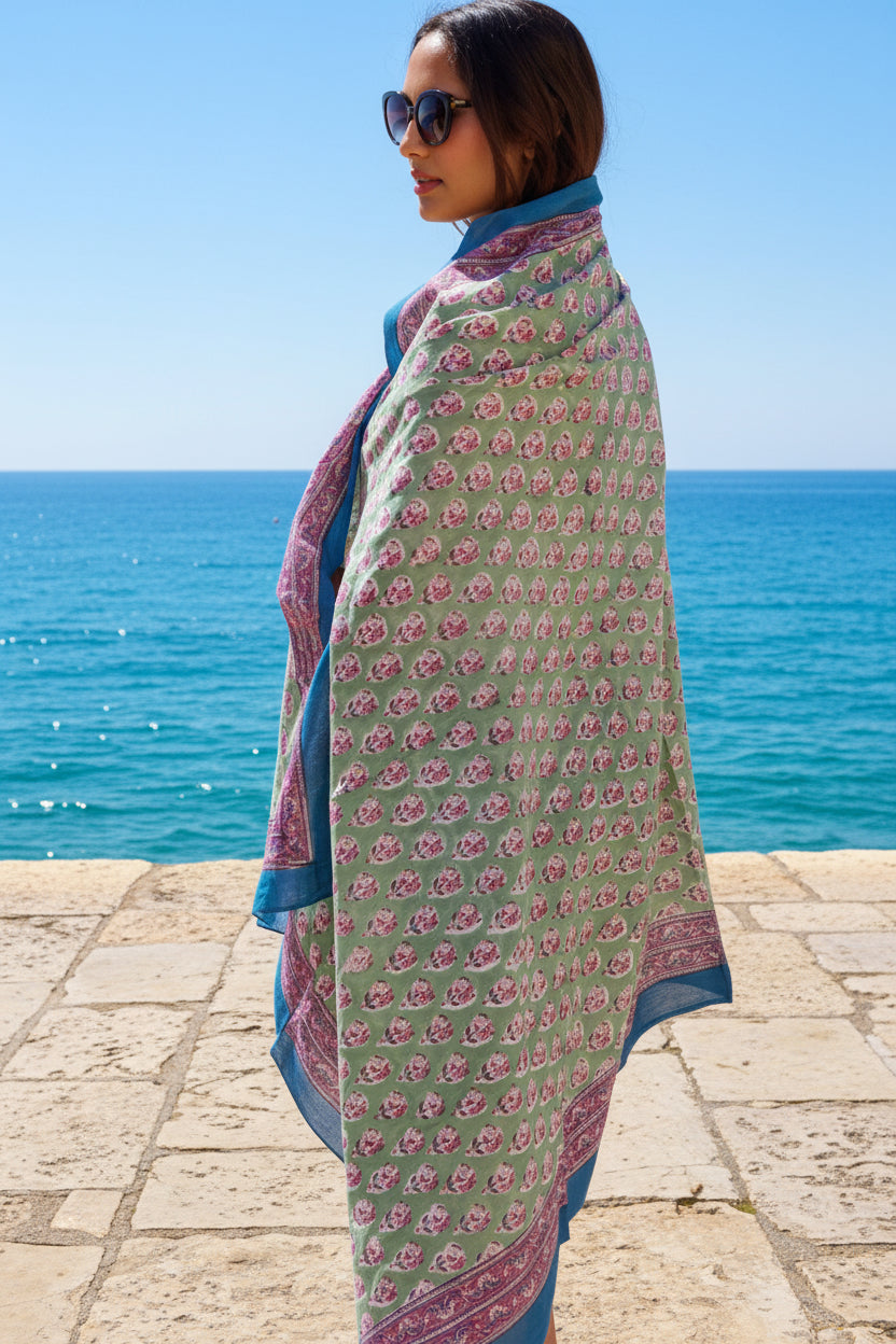 Sarong, block print cotton sarong. Summer scarf, wrap. Beach coverup
