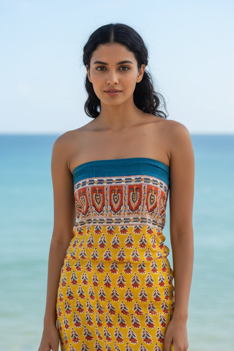 Pareo, yellow, red and white block print cotton sarong