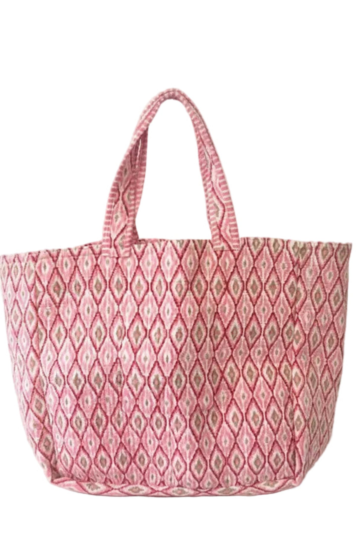 pink, red and white patterned tote bag on a white background